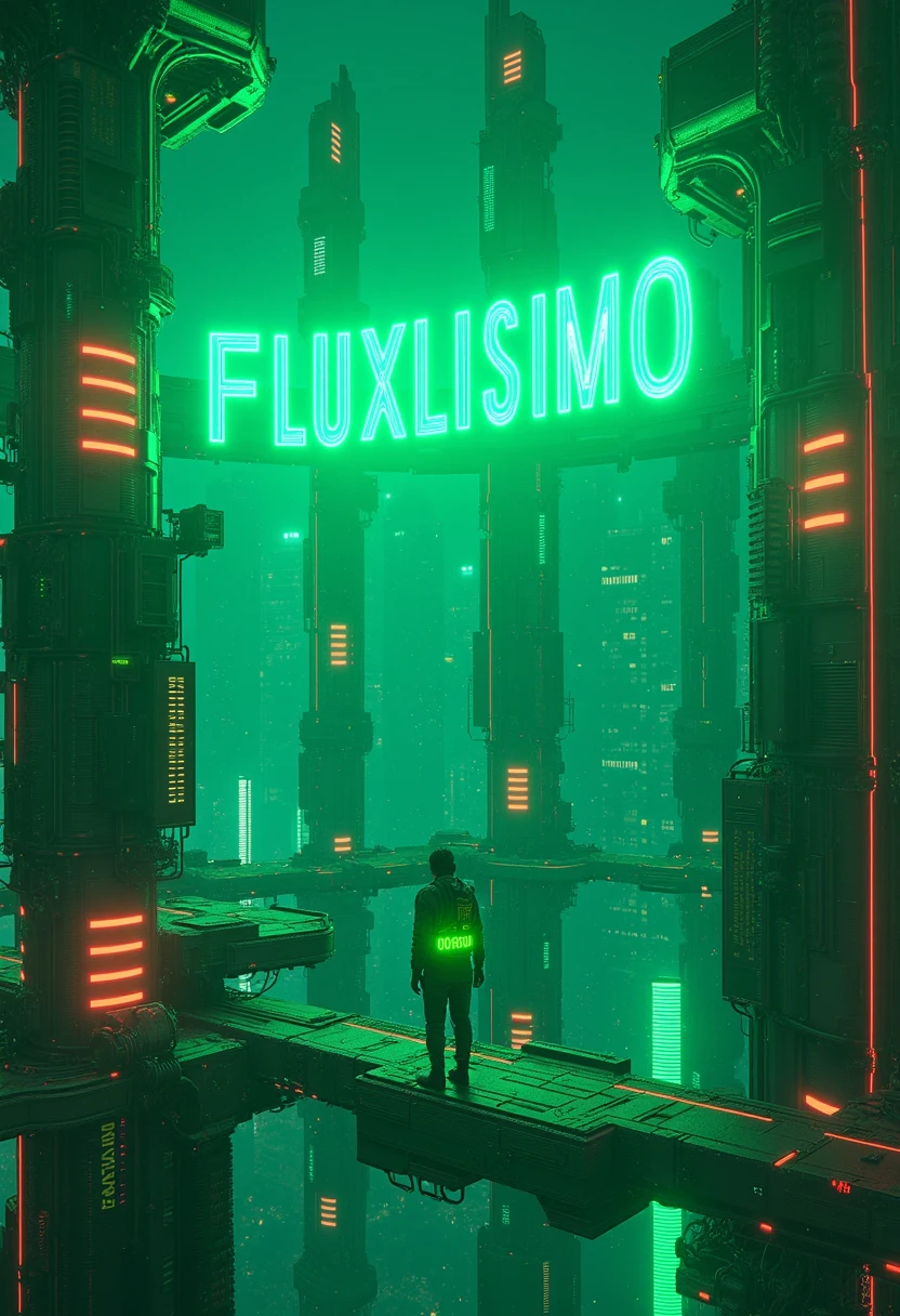 Cyberpunk megacity, 9:16 aspect ratio. Towering 3D letter-skyscrapers spell "FLUXLISIMO v3," made of graphene, glowing with forest green (#008000) neon and crimson accents. Letters hover above a reflective abyss, linked by energy conduits. A hacker in a green-lit (#008000) exosuit stands on a floating platform, visor reflecting "FLUXLISIMO." Drones with bioluminescent trails circle the letters. Low-angle hyper-realistic drone shot captures micro-details: exosuit etchings, neon reflections. Chromatic flares and aurora skies frame "FLUXLISIMO v3." Cinematic cyberpunk masterpiece.