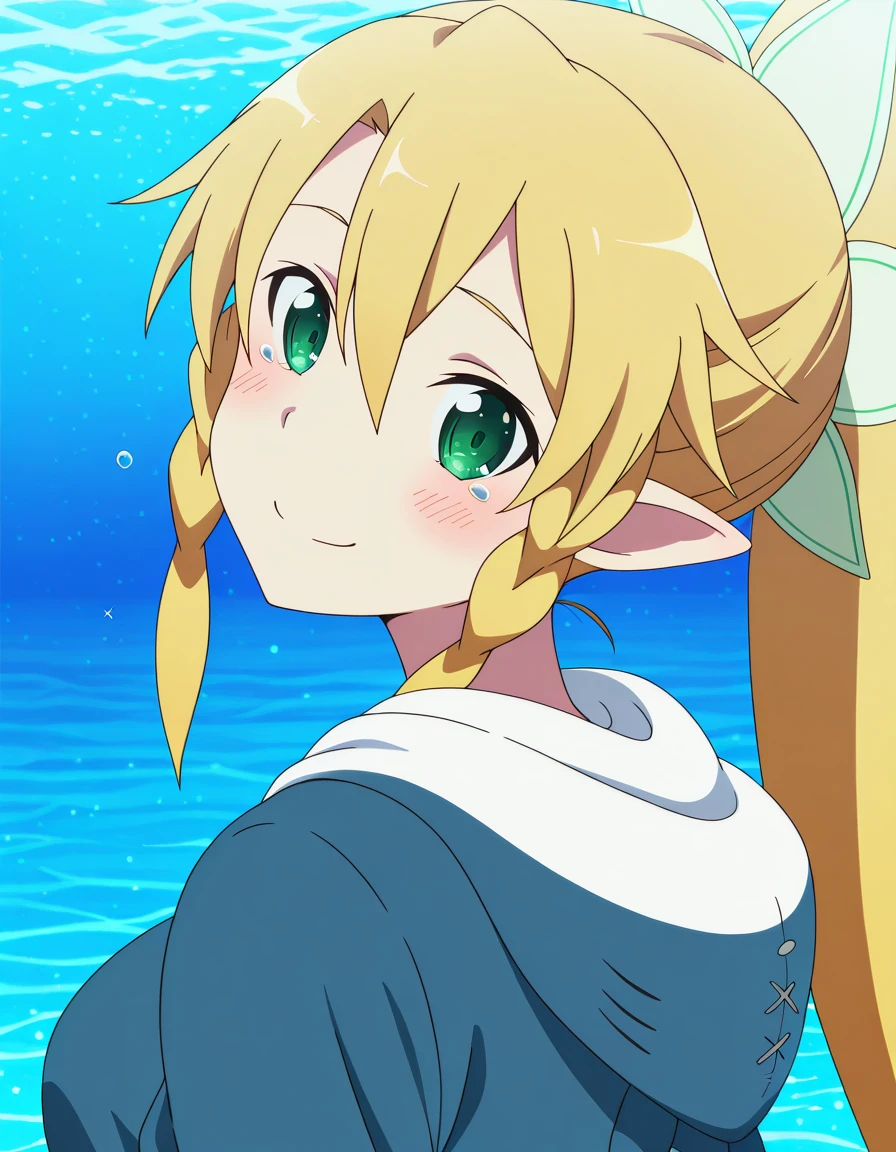 masterpiece, best quality, amazing quality,, <lora:suguha-kirigaya-s1-illustriousxl-lora-nochekaiser:1>, suguha kirigaya, leafa (sao), long hair, blonde hair, hair between eyes, green eyes, ponytail, braid, pointy ears, twin braids, mature female, breasts, anime screencap, <lora:gawr-gura-cosplay-illustriousxl-lora-nochekaiser:1>, gawr gura cosplay, gawr gura (cosplay), shark hood, shark costume, blue hoodie, shark tail, animal hood, fish tail,, <lora:shaft-look-illustriousxl-lora-nochekaiser:1>, shaft look, looking back, from behind, head tilt, upper body, smile,, tearing_up,crying_with_eyes_open,blush_stickers, , , ,