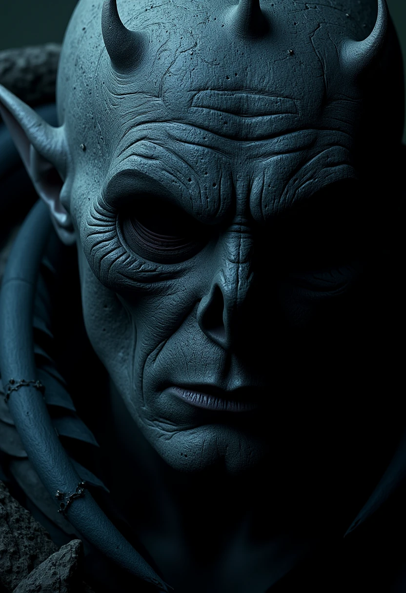 The shot focuses tightly on the lower portion of the Demon face, emphasizing its ridged, obsidian-like skin texture, the lack of a mouth and nose, and the deep-set shadows that contribute to its corpse-like, ancient appearance.
