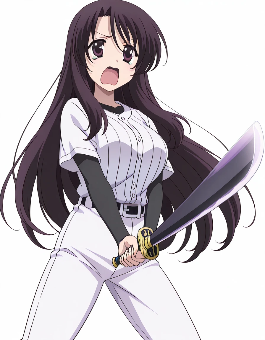 masterpiece, best quality, amazing quality,, <lora:kotonoha-katsura-s1-illustriousxl-lora-nochekaiser:1>, kotonoha katsura, katsura kotonoha, purple eyes, black hair, long hair, mature female, breasts, anime screencap, <lora:baseball-uniform-illustriousxl-lora-nochekaiser:1>, baseball uniform, baseball, striped belt, shirt under shirt, sportswear, ribbed shirt, baseball helmet, baseball jersey,, <lora:sunrise-stance-illustriousxl-lora-nochekaiser:1>, sunrise stance, weapon, sword, solo, open mouth, holding weapon, holding, holding sword,, tearing_up, , <lora:transparent-background-illustriousxl-lora-nochekaiser:1>, transparent background, simple background, white background, ,