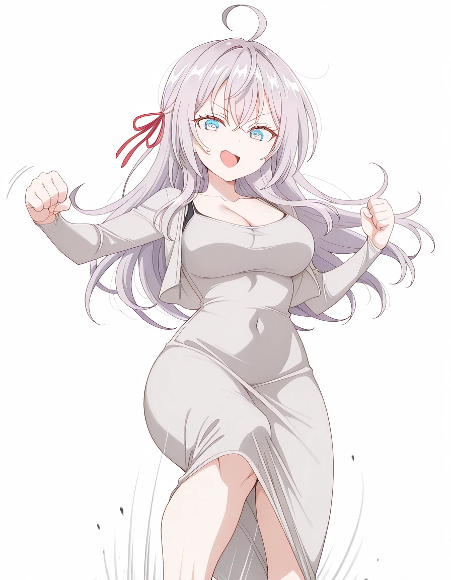 masterpiece, best quality, amazing quality,, <lora:alisa-mikhailovna-kujou-s1-illustriousxl-lora-nochekaiser:1>, alisa mikhailovna kujou, long hair, bangs, blue eyes, hair ribbon, ahoge, grey hair, red ribbon, mature female, breasts, anime screencap, <lora:dongtan-dress-illustriousxl-lora-nochekaiser:1>, dongtan dress, cleavage, taut dress, grey dress, collarbone,, <lora:kamen-rider-kick-illustriousxl-lora-nochekaiser:1>, kamen rider kick, looking at viewer, open mouth, kicking, flying kick, motion lines, motion, hands up, clenched fist,, :q, open mouth, <lora:transparent-background-illustriousxl-lora-nochekaiser:1>, transparent background, simple background, white background, ,