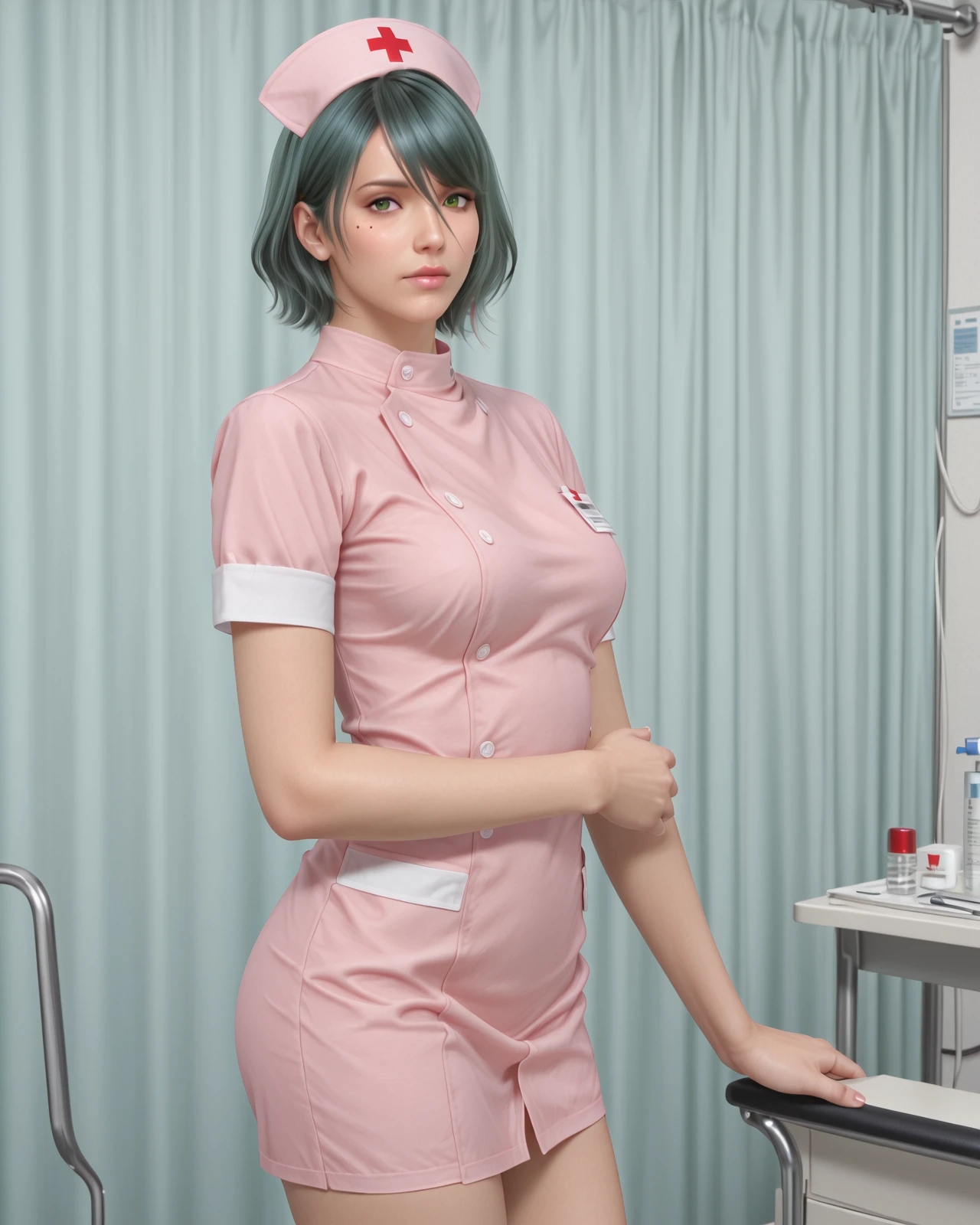 tamaki \(doa vv\),green eyes,mole under eye,cowboy shot,nurse,