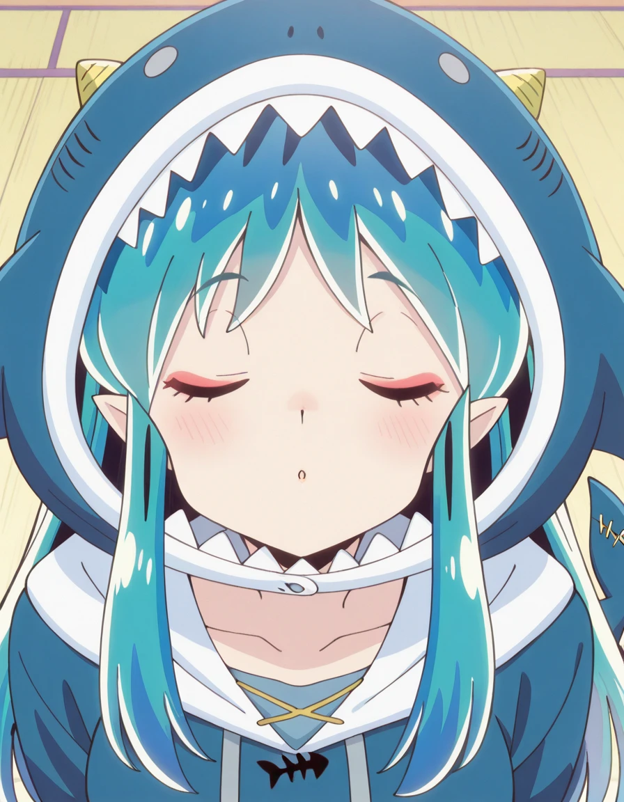 masterpiece, best quality, amazing quality,, <lora:urusei-yatsura-lum-s1-illustriousxl-lora-nochekaiser:1>, lum, long hair, bangs, blue hair, orange eyes, horns, pointy ears, aqua hair, oni horns, eyeshadow, mature female, medium breasts, anime screencap, <lora:gawr-gura-cosplay-illustriousxl-lora-nochekaiser:1>, gawr gura cosplay, gawr gura (cosplay), shark hood, shark costume, blue hoodie, shark tail, animal hood, fish tail,, <lora:incoming-kiss-illustriousxl-lora-nochekaiser:1>, incoming kiss, closed eyes, blush, pov, upper body, smile, , , ,