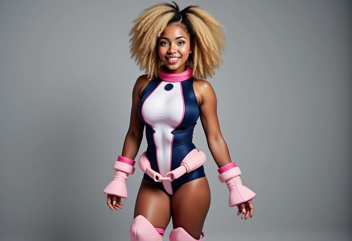 (((((One girl))))), (((((anime)))), (((anime nose))), (Pink Hair), (Very long hair), (Curly Hair), (Ahoge), (Blunt bangs), ((((((Dark Skin)))))), (((Huge breasts))), ((Brown eyes)), (Half-closed eyes), (Cleavage), (Thick thighs), (((Thick lips))), (((Wide Hips))), (Knee socks), ((race)), ((Long eyelashes)), ((Highest quality)), High resolution, 超High resolution, Textured skin, (((Wicked Smile))), ((Grin)), ((Conceit)), Light-filled, Real Humans, ((Bear ears)), Huge , ((Sexy pose)), ((High Angle)),