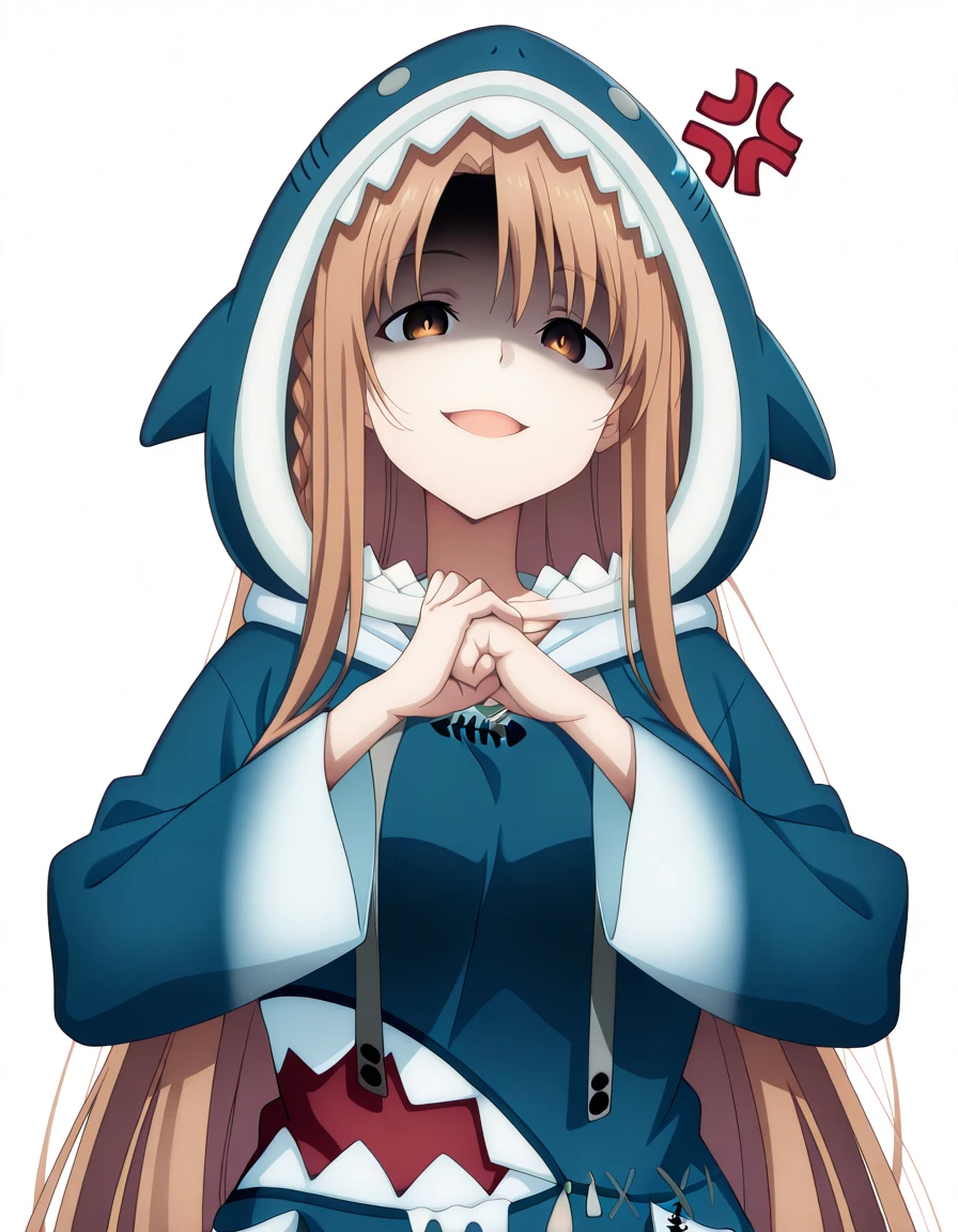 masterpiece, best quality, amazing quality,, <lora:asuna-yuuki-s3-illustriousxl-lora-nochekaiser:1>, asuna yuuki, yuuki asuna, long hair, bangs, brown hair, brown eyes, very long hair, braid, mature female, medium breasts, anime screencap,, <lora:gawr-gura-cosplay-illustriousxl-lora-nochekaiser:1>, gawr gura cosplay, gawr gura (cosplay), shark hood, shark costume, blue hoodie, shark tail, animal hood, fish tail,, <lora:cracking-knuckles-illustriousxl-lora-nochekaiser:1>, cracking knuckles, shaded face, open mouth, looking at viewer, looking down, fist in hand, own hands together, anger vein, false smile,, >_<, , <lora:transparent-background-illustriousxl-lora-nochekaiser:1>, transparent background, simple background, white background, ,
