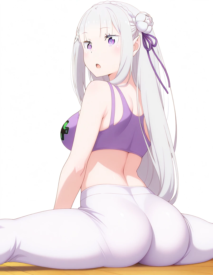 masterpiece, best quality, amazing quality,, <lora:rezero-emilia-s3-illustriousxl-lora-nochekaiser:1>, emilia, emilia (re:zero), braid, crown braid, flower, hair flower, hair ornament, hair ribbon, long hair, pointy ears, purple eyes, white hair, x hair ornament, mature female, breasts, anime screencap, <lora:game-controller-print-illustriousxl-lora-nochekaiser:1>, game controller print, game controller, print shirt,, <lora:side-sitting-split-illustriousxl-lora-nochekaiser:1>, side sitting split, sitting split, split, flexible, stretching, on floor, spread legs, yoga pants, sports bra, from behind, ass, looking back, looking at viewer,, fear, open mouth, <lora:transparent-background-illustriousxl-lora-nochekaiser:1>, transparent background, simple background, white background, ,