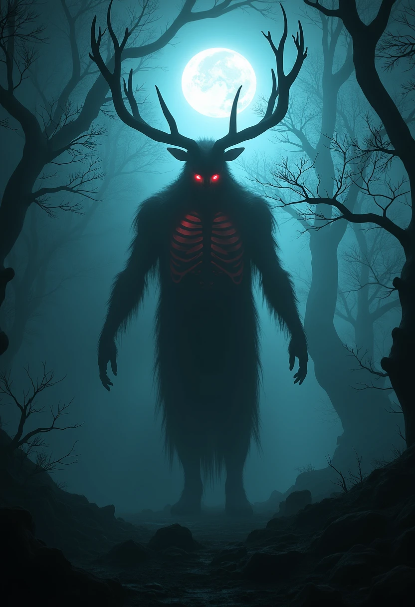 Real photo, a horror story, upclose image of a tall scary demon with long twisted antlers, red eyes, Its ribcage opened. It had no face--only a mouth and too many eyes, it stands on fog-choked dark forest at night, twisted trees, eerie moonlight casting elongated shadows unsettling atmosphere, high detail, gothic horror, cinematic lighting,horror aesthetic, Horror movie, shadowy, photographic, present day, scary horror