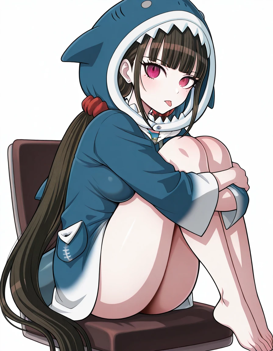 masterpiece, best quality, amazing quality,, <lora:maki-harukawa-ingame-illustriousxl-lora-nochekaiser:1>, maki harukawa, harukawa maki, long hair, bangs, brown hair, black hair, hair ornament, red eyes, twintails, very long hair, hairclip, blunt bangs, mole under eye, low twintails, scrunchie, hair scrunchie, red scrunchie, mature female, medium breasts, <lora:gawr-gura-cosplay-illustriousxl-lora-nochekaiser:1>, gawr gura cosplay, gawr gura (cosplay), shark hood, shark costume, blue hoodie, shark tail, animal hood, fish tail,, <lora:knees-to-chest-illustriousxl-lora-nochekaiser:1>, knees to chest, ass peak, breast press, sitting, knees up, hugging own legs, blush, on chair, parted lips, looking at viewer,, tongue_out, , <lora:transparent-background-illustriousxl-lora-nochekaiser:1>, transparent background, simple background, white background, ,