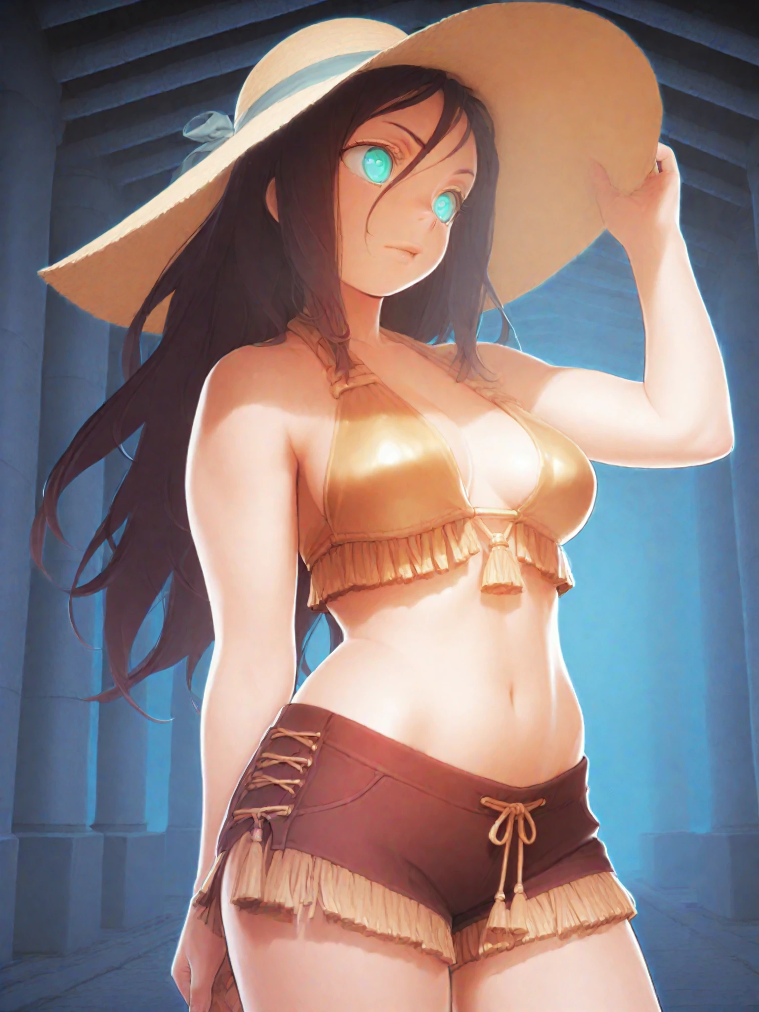 Mulher madura, blue skies, espetacular, cena de corpo inteiro, Micro Bikini, Witch clothes, (Fundo detalhados: ancient ruins), pele brilhante, rosto detalhado, olhos detalhados, anatomia perfeita, dynamic pose, Approaching perfection, Dynamic, altamente detalhado, (rosto bonito e detalhado, belos olhos detalhados), de frente para o espectador, seductive expression,