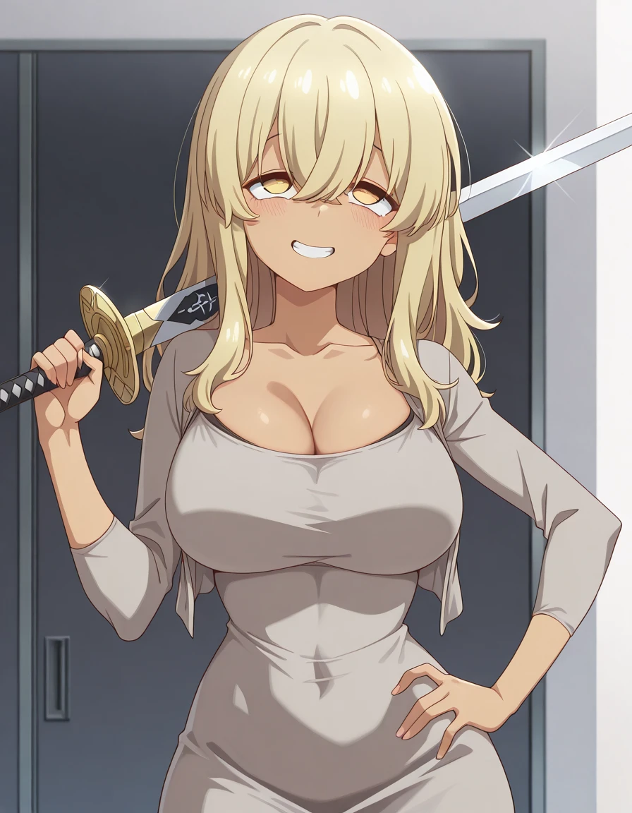 masterpiece, best quality, amazing quality,, <lora:kana-higa-s1-illustriousxl-lora-nochekaiser:1>, kana higa, long hair, bangs, blonde hair, hair between eyes, yellow eyes, mature female, breasts, anime screencap, <lora:dongtan-dress-illustriousxl-lora-nochekaiser:1>, dongtan dress, cleavage, taut dress, grey dress, collarbone,, <lora:sword-over-shoulder-illustriousxl-lora-nochekaiser:1>, sword over shoulder, weapon over shoulder, holding, holding sword, holding weapon, sword, hand on own hip, grin, looking at viewer,, ahegao, , , ,