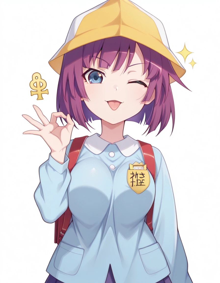masterpiece, best quality, amazing quality,, <lora:hitagi-senjougahara-anime-illustriousxl-lora-nochekaiser:1>, hitagi senjougahara, bangs, short hair, blue eyes, purple hair, breasts, anime screencap, <lora:garten-uniform-illustriousxl-lora-nochekaiser:1>, garten uniform, tulip hat, yellow hat, randoseru, backpack, red bag, blue shirt, name tag, skirt, pleated skirt,, <lora:money-gesture-illustriousxl-lora-nochekaiser:1>, money gesture, smile, tongue out, looking at viewer, money eyes, sparkling, ok sign, one eye closed, upper body, money, yen sign, dollar sign, hand up,, one_eye_closed, open mouth, <lora:transparent-background-illustriousxl-lora-nochekaiser:1>, transparent background, simple background, white background, ,