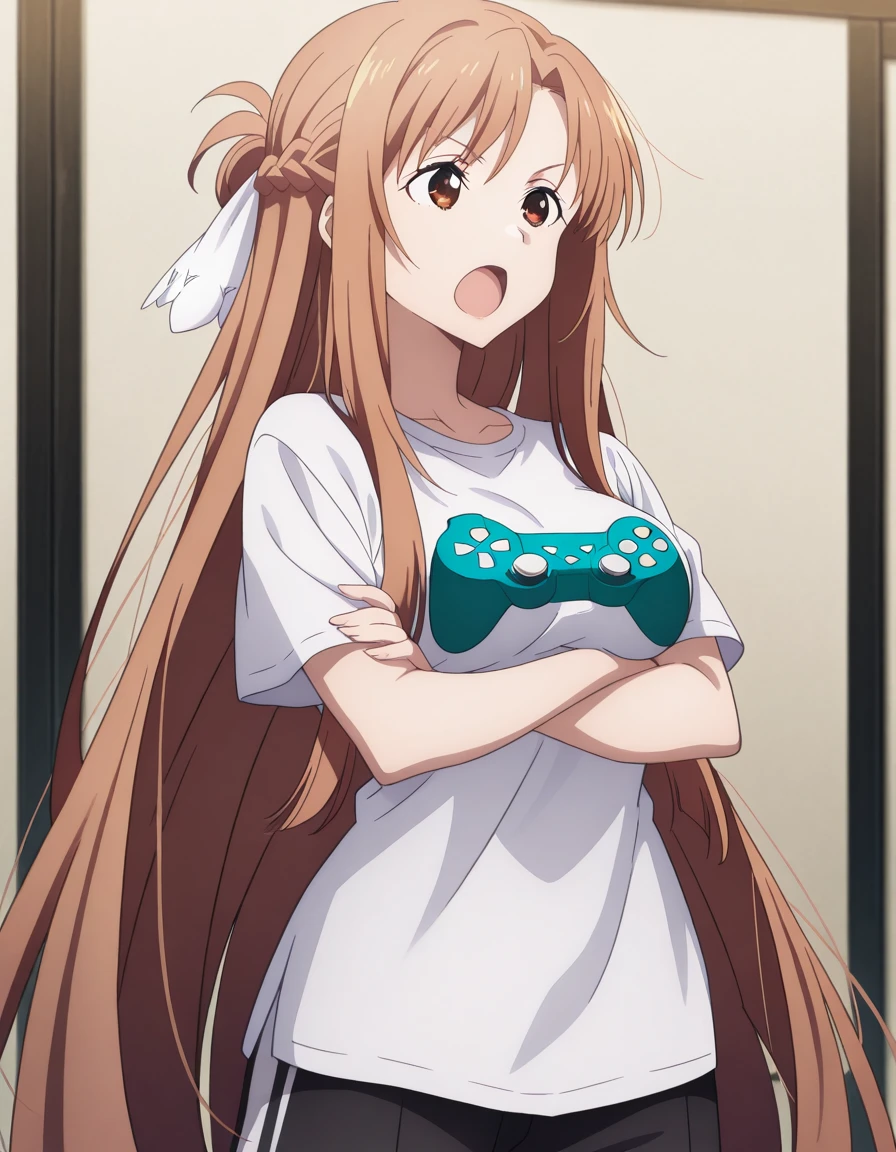 masterpiece, best quality, amazing quality,, <lora:asuna-yuuki-s3-illustriousxl-lora-nochekaiser:1>, asuna yuuki, yuuki asuna, long hair, bangs, brown hair, brown eyes, very long hair, braid, mature female, medium breasts, anime screencap,, <lora:game-controller-print-illustriousxl-lora-nochekaiser:1>, game controller print, game controller, print shirt,, <lora:kung-fu-illustriousxl-lora-nochekaiser:1>, kung fu, martial arts, training, fighting stance, cowboy shot, crossed arms, yawning, open mouth, , ,