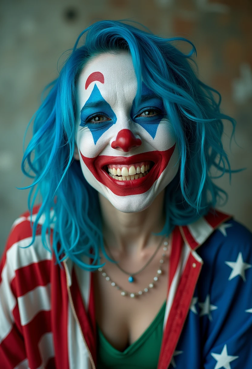 A female horror jester with blue hair,wearing with dirty American flag patterns,laughing heartily while showing off sharp white teeth,in the style of James Jean,