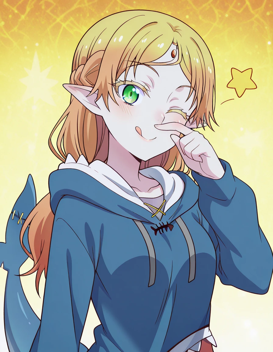 masterpiece, best quality, amazing quality,, <lora:tsundere-elf-s1-illustriousxl-lora-nochekaiser:1>, tsundere elf, long hair, blonde hair, green eyes, pointy ears, elf, multicolored hair, forehead jewel, mature female, small breasts, anime screencap,, <lora:gawr-gura-cosplay-illustriousxl-lora-nochekaiser:1>, gawr gura cosplay, gawr gura (cosplay), shark hood, shark costume, blue hoodie, shark tail, animal hood, fish tail,, <lora:rubbing-nose-illustriousxl-lora-nochekaiser:1>, rubbing nose, looking at viewer, smile, one eye closed, hand up, teeth, star (symbol),, :q, open mouth, , ,