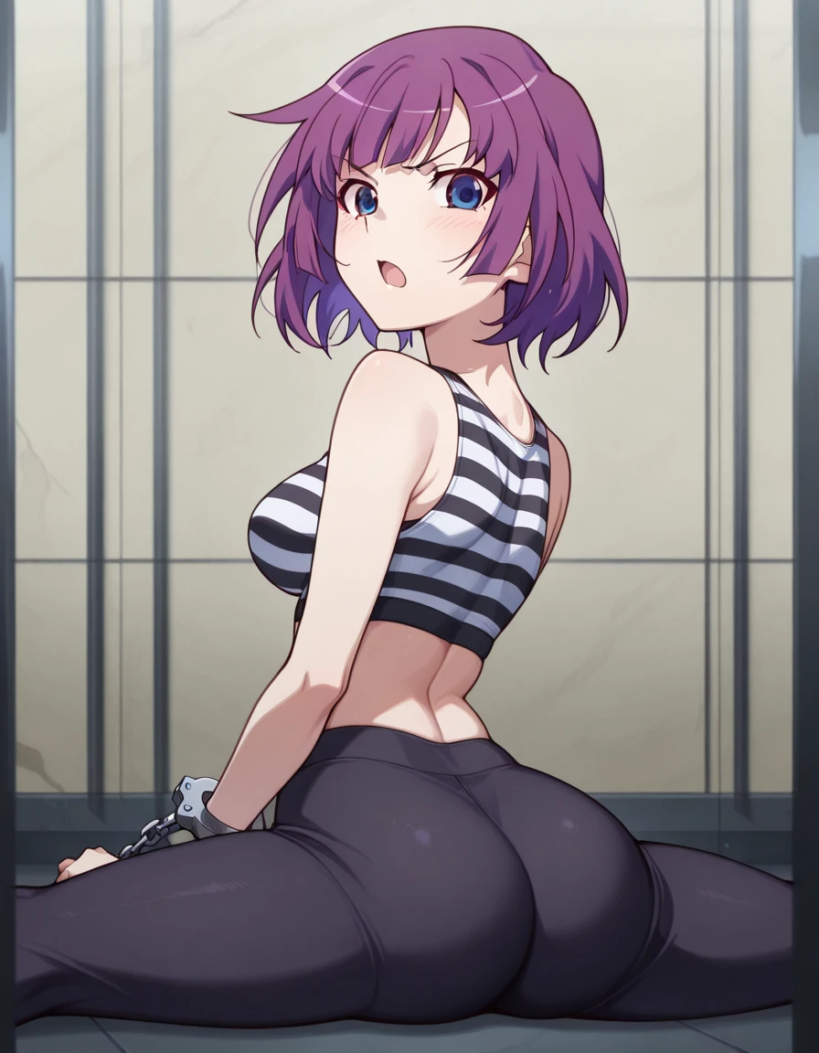 masterpiece, best quality, amazing quality,, <lora:hitagi-senjougahara-anime-illustriousxl-lora-nochekaiser:1>, hitagi senjougahara, bangs, short hair, blue eyes, purple hair, breasts, anime screencap, <lora:prison-clothes-illustriousxl-lora-nochekaiser:1>, prison clothes, prisoner, striped shirt, shackles, handcuffs, chain,, <lora:side-sitting-split-illustriousxl-lora-nochekaiser:1>, side sitting split, sitting split, split, flexible, stretching, on floor, spread legs, yoga pants, sports bra, from behind, ass, looking back, looking at viewer,, tsundere,pout,blush, open mouth, , ,