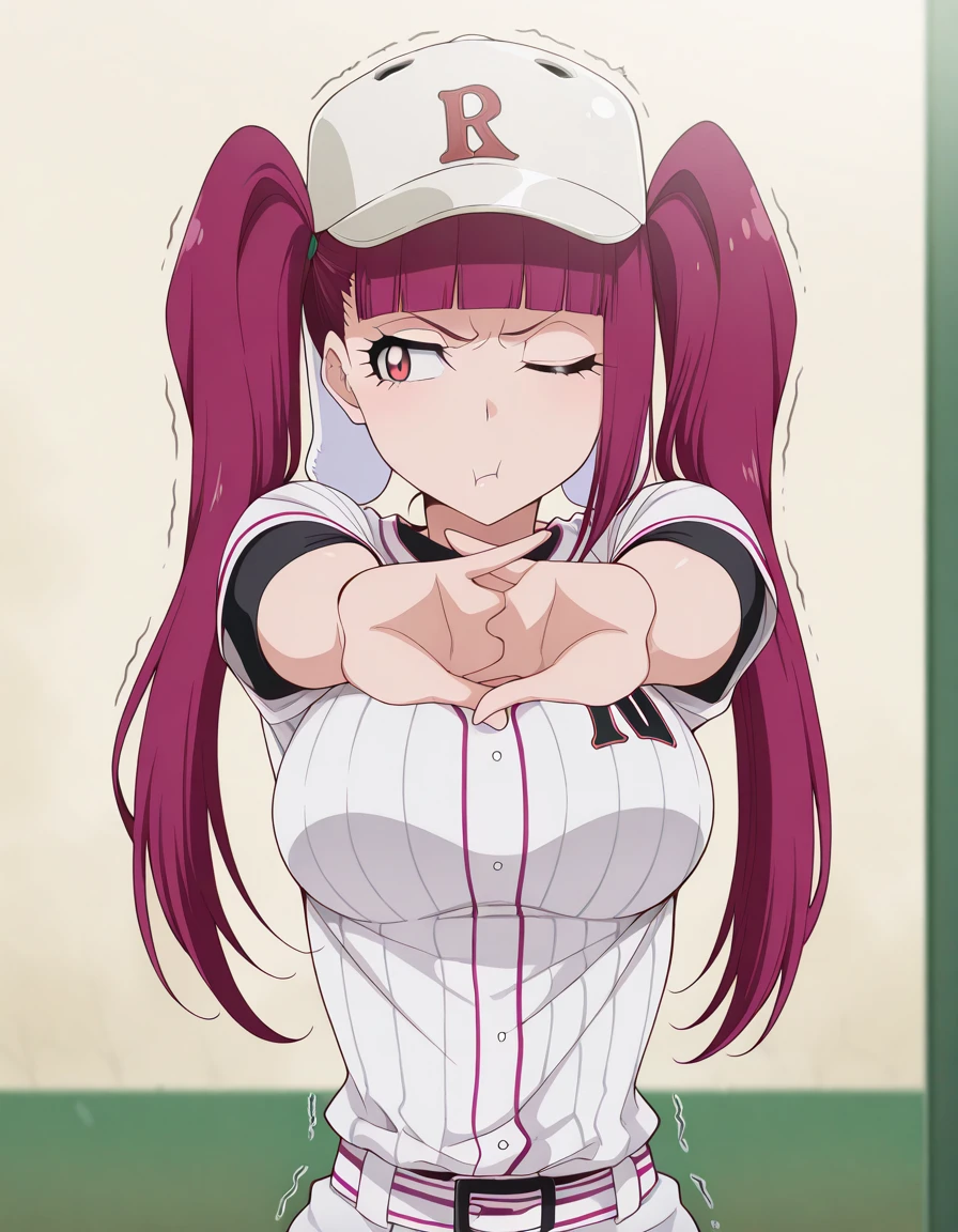 masterpiece, best quality, amazing quality,, <lora:riruka-dokugamine-anime-illustriousxl-lora-nochekaiser:1>, riruka dokugamine, long hair, twintails, red eyes, purple hair, bangs, blunt bangs, mature female, breasts, anime screencap,, <lora:baseball-uniform-illustriousxl-lora-nochekaiser:1>, baseball uniform, baseball, striped belt, shirt under shirt, sportswear, ribbed shirt, baseball helmet, baseball jersey,, <lora:outstretched-arms-cracking-knuckles-illustriousxl-lora-nochekaiser:1>, outstretched arms cracking knuckles, stretching, own hands together, outstretched arms, cracking knuckles, one eye closed, stretching, trembling,, pout, , , ,