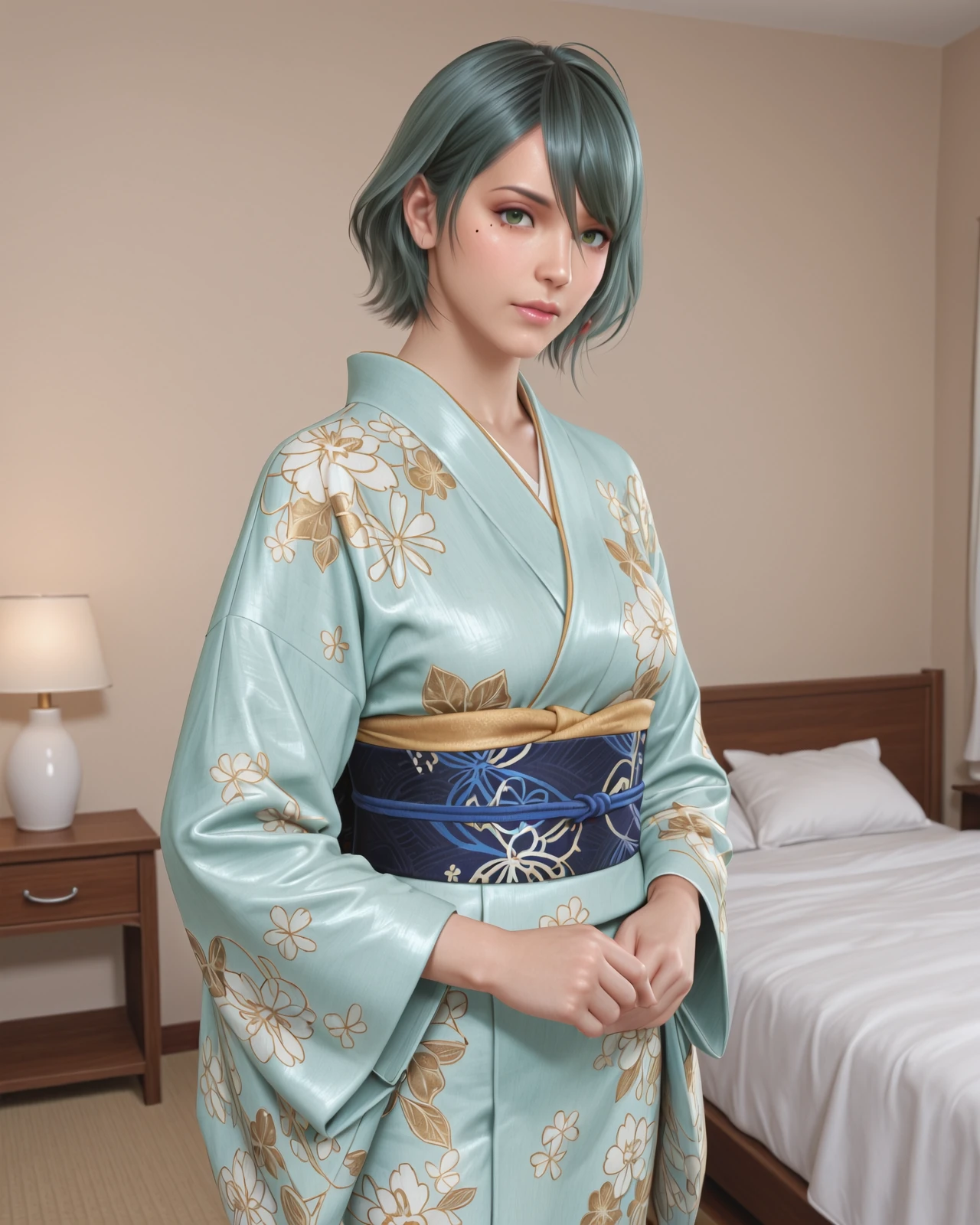 tamaki \(doa vv\),green eyes,mole under eye,cowboy shot,kimono,bedroom,