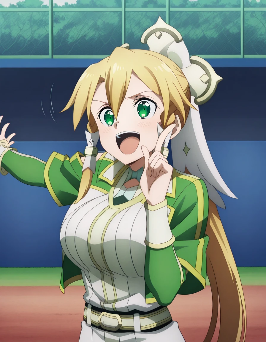 masterpiece, best quality, amazing quality,, <lora:suguha-kirigaya-s3-illustriousxl-lora-nochekaiser:1>, suguha kirigaya, leafa (sao), long hair, blonde hair, hair ornament, green eyes, ponytail, hair tubes, mature female, breasts, anime screencap,, <lora:baseball-uniform-illustriousxl-lora-nochekaiser:1>, baseball uniform, baseball, striped belt, shirt under shirt, sportswear, ribbed shirt, baseball helmet, baseball jersey,, <lora:hoshino-ruby-dance-illustriousxl-lora-nochekaiser:1>, hoshino ruby dance, finger wagging, index finger raised, dancing, outstretched arm, cowboy shot, smile, open mouth,, shouting, , , ,