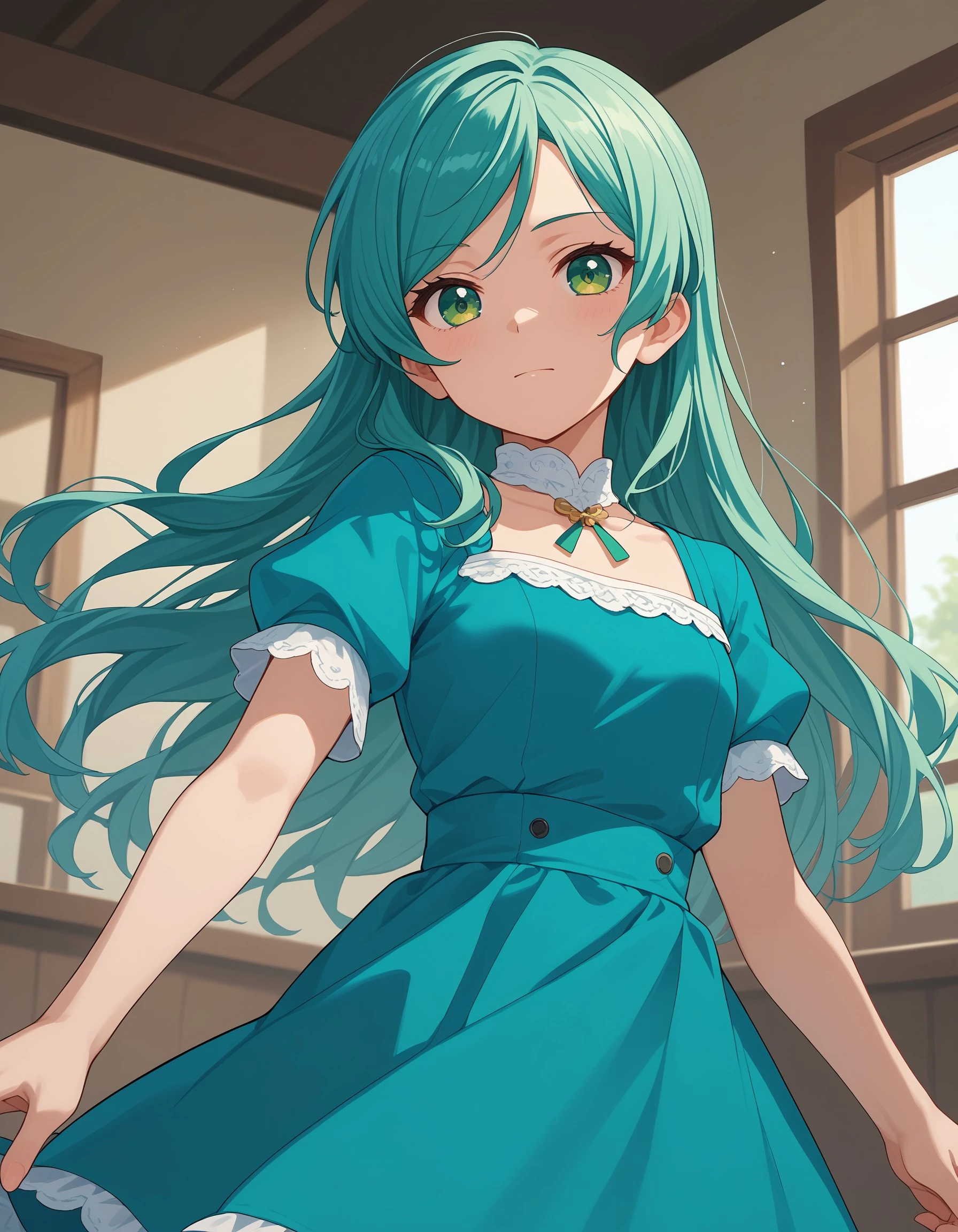score_9, score_8_up, score_7_up, sayo_h, long hair, aqua hair, green hair, green eyes, dress, looking at viewer, short sleeves, blue dress, cowboy shot, <lora:48d7d932-ad67-4b31-892d-62432c60da71:0.7>