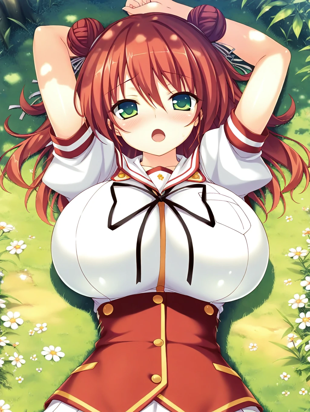 nakano yotsuba, bangs, short hair, blue eyes, hair between eyes, hair ribbon, hairband, orange hair, (green ribbon:1.5), ,, large breasts,, Riding a bike through the sky, solo nsfw early morning、 nipple,, empty eyes Shibuya