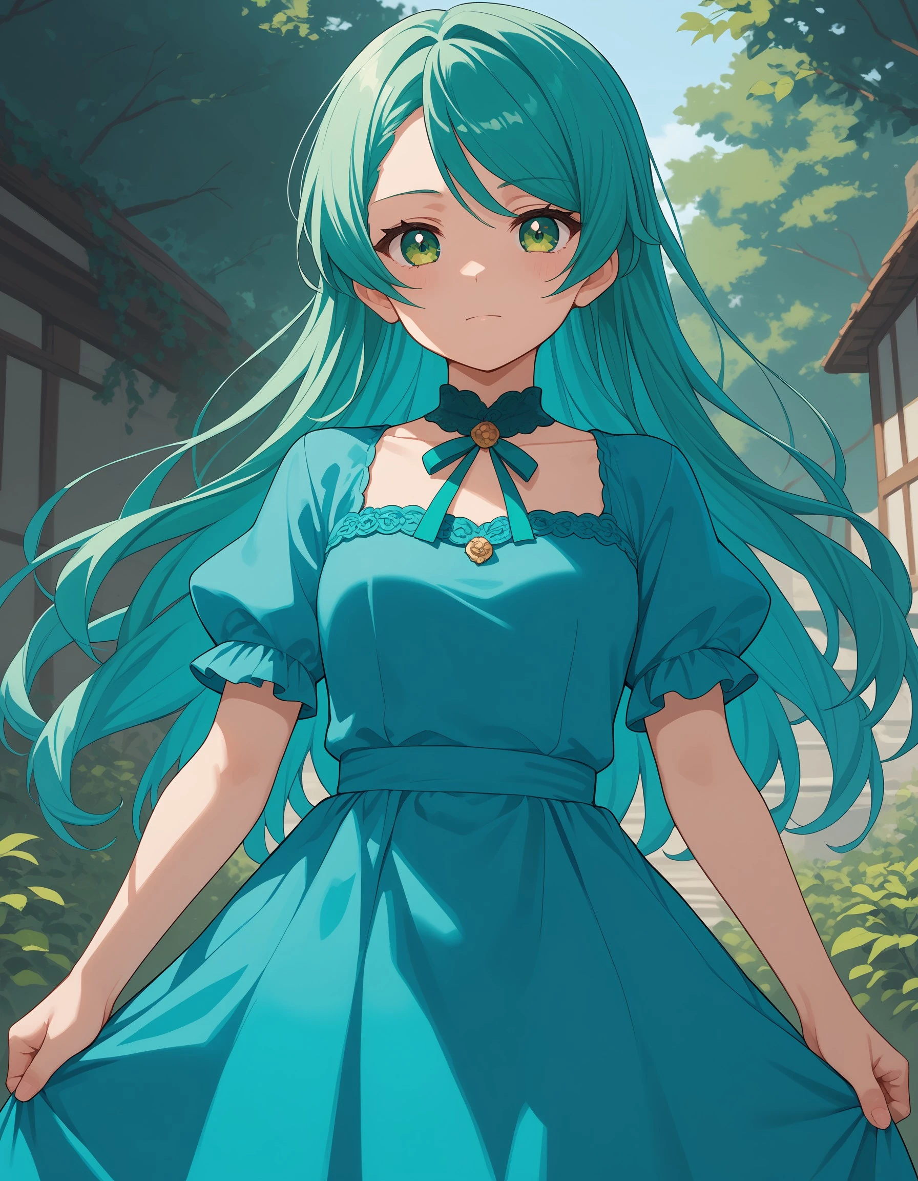 score_9, score_8_up, score_7_up, sayo_h, long hair, aqua hair, green hair, green eyes, dress, looking at viewer, short sleeves, blue dress, cowboy shot, <lora:48d7d932-ad67-4b31-892d-62432c60da71:0.7>