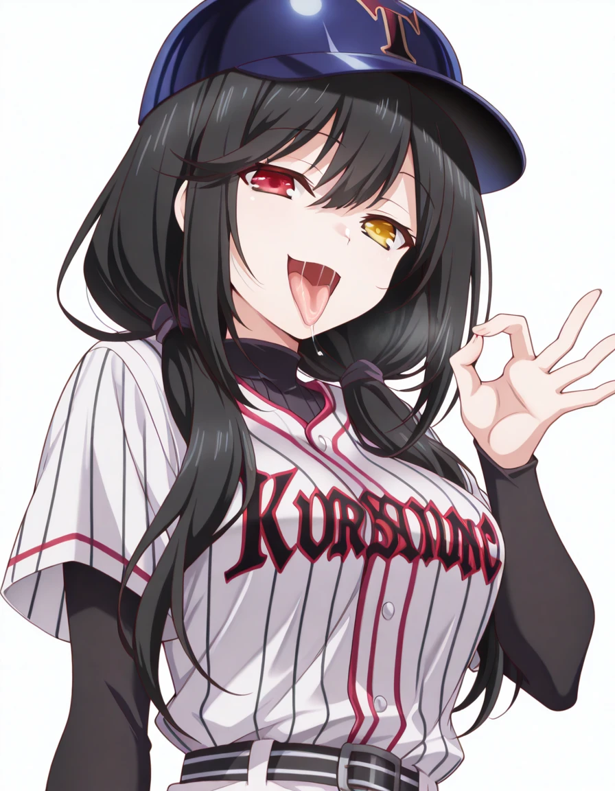 masterpiece, best quality, amazing quality,, <lora:kurumi-tokisaki-s2-illustriousxl-lora-nochekaiser:1>, kurumi tokisaki, black hair, red eyes, long hair, twintails, yellow eyes, heterochromia, mature female, medium breasts, anime screencap, <lora:baseball-uniform-illustriousxl-lora-nochekaiser:1>, baseball uniform, baseball, striped belt, shirt under shirt, sportswear, ribbed shirt, baseball helmet, baseball jersey,, <lora:fellatio-gesture-illustriousxl-lora-nochekaiser:1>, fellatio gesture, sexually suggestive, oral invitation, handjob gesture, tongue out, tongue, naughty face, saliva, open mouth, looking at viewer, torogao, hand up, ok sign, smile, open mouth, <lora:transparent-background-illustriousxl-lora-nochekaiser:1>, transparent background, simple background, white background, ,