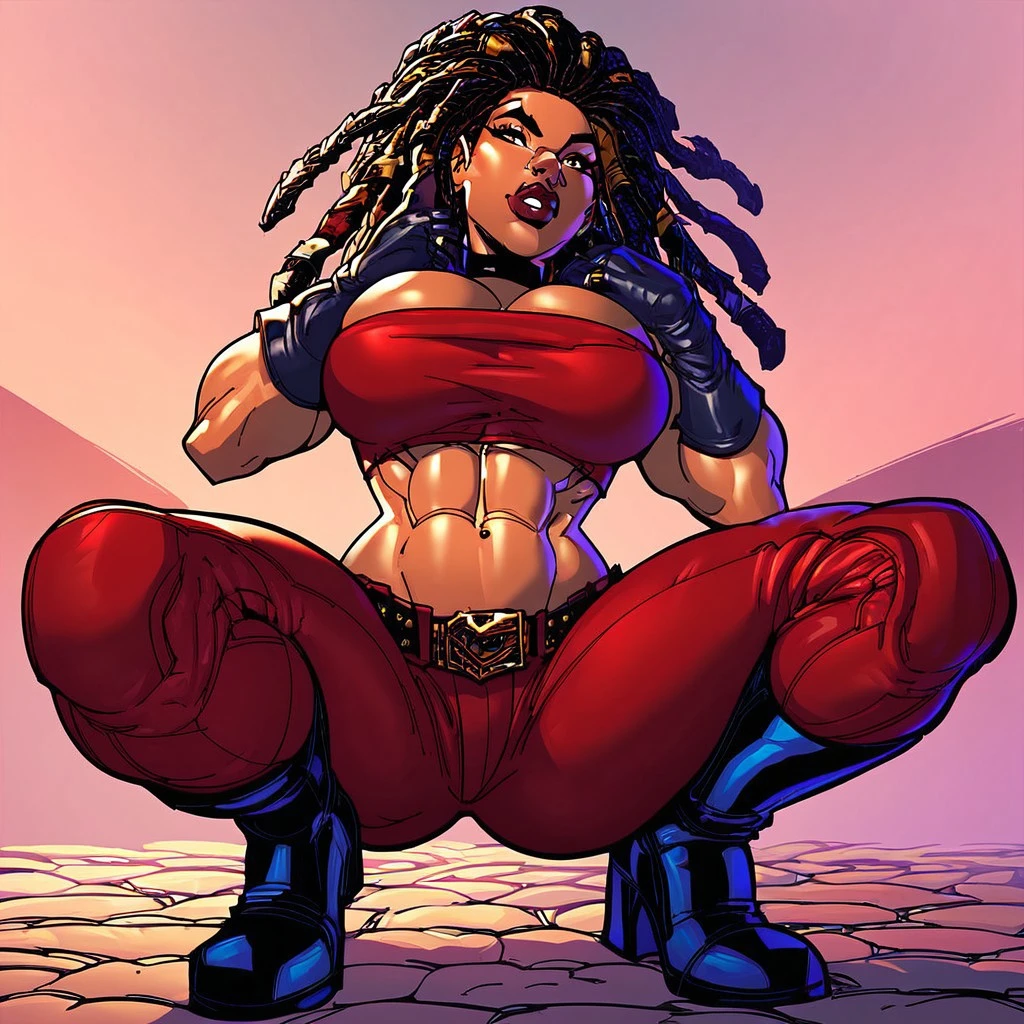 (solo:1.1),(masterpiece), (best quality:1.3), (full Body:1.1) , highly detailed, intricate, professional art, digital art, absurdres, 1girl, solo, black hair, braided hair, hair with coloured tips, slender body, tall girl, long legs, fit girl, abs, full lips, African American, dark brown eyes, gold hoop earrings, smile, visor cap. brown skin, (dark skin:1.4), (red pants:1.2), sneakers, sports bra, fingerless cloves, bandana scarf, medium breasts, wide hips, thick thighs, full lips, futanari, testicle bulge between thighs, (crotch bulge:1.4), pubic hair, pubic hair trail, BREAK, alleyway, dynamic pose, city, graffiti wall, BREAK frontal view, universal lighting, BREAK