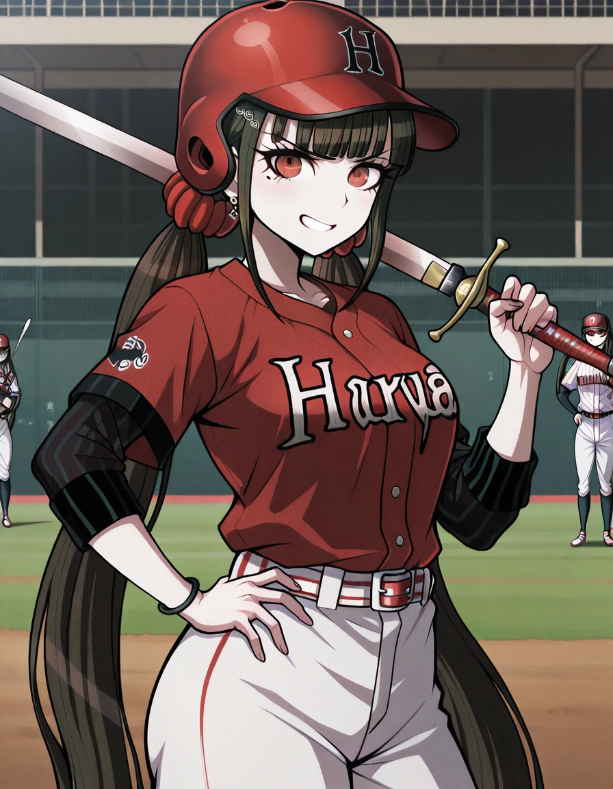 masterpiece, best quality, amazing quality,, <lora:maki-harukawa-ingame-illustriousxl-lora-nochekaiser:1>, maki harukawa, harukawa maki, long hair, bangs, brown hair, black hair, hair ornament, red eyes, twintails, very long hair, hairclip, blunt bangs, mole under eye, low twintails, scrunchie, hair scrunchie, red scrunchie, mature female, medium breasts, <lora:baseball-uniform-illustriousxl-lora-nochekaiser:1>, baseball uniform, baseball, striped belt, shirt under shirt, sportswear, ribbed shirt, baseball helmet, baseball jersey,, <lora:sword-over-shoulder-illustriousxl-lora-nochekaiser:1>, sword over shoulder, weapon over shoulder, holding, holding sword, holding weapon, sword, hand on own hip, grin, looking at viewer,, annoyed, open mouth, , ,