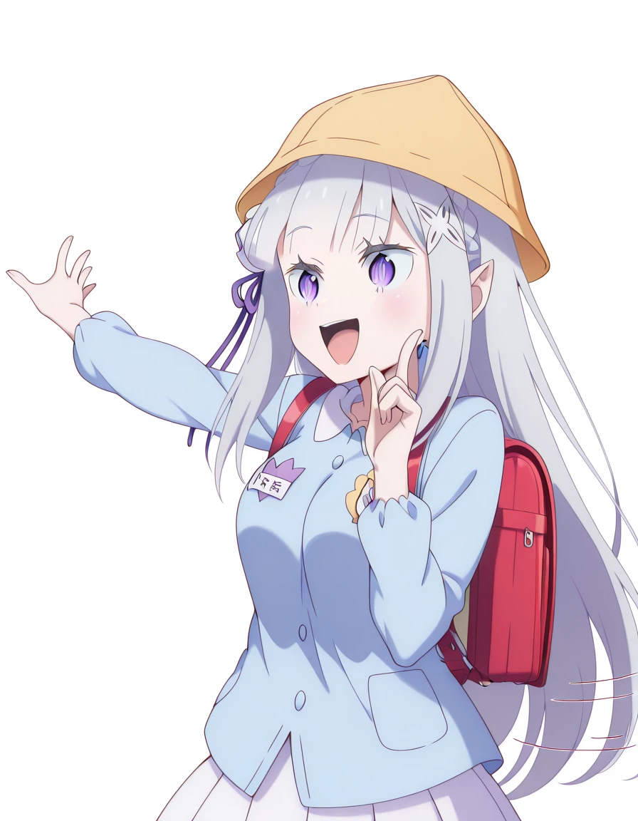 masterpiece, best quality, amazing quality,, <lora:rezero-emilia-s3-p2-illustriousxl-lora-nochekaiser:1>, emilia, emilia (re:zero), braid, crown braid, flower, hair flower, hair ornament, hair ribbon, long hair, pointy ears, purple eyes, white hair, x hair ornament, mature female, breasts, anime screencap, <lora:garten-uniform-illustriousxl-lora-nochekaiser:1>, garten uniform, tulip hat, yellow hat, randoseru, backpack, red bag, blue shirt, name tag, skirt, pleated skirt,, <lora:hoshino-ruby-dance-illustriousxl-lora-nochekaiser:1>, hoshino ruby dance, finger wagging, index finger raised, dancing, outstretched arm, cowboy shot, smile, open mouth,, evil_smile, , <lora:transparent-background-illustriousxl-lora-nochekaiser:1>, transparent background, simple background, white background, ,