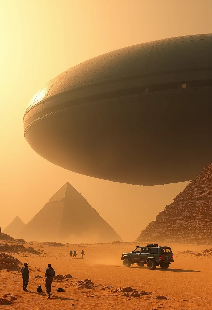 A massive alien spacecraft has landed or hovers silently in the Egyptian desert, near the Great Pyramids of Giza, dwarfing them in size. The ship is matte-black, shaped like a monolith or arc, with no visible windows or markings — its surface absorbing sunlight.
The sand around it is disturbed, some dunes collapsed by its presence. Dust hangs in the air, and faint heat distortions ripple across the scene.
In the foreground: a group of stunned archaeologists and military personnel, some taking photos, some kneeling in awe or fear. Modern expedition trucks and equipment scatter the area.
The sky is dusty orange, late afternoon, with the sun casting long shadows of both the ship and the pyramids, emphasizing contrast in scale and geometry.
Shot with a cinematic anamorphic lens — slight lens flare, high detail, subtle film grain. All textures (sand, stone, metal) are hyperreal.
Mood: mysterious, awe-inspiring, grounded science fiction. A historic first contact without lasers or drama — just silence and overwhelming presence.