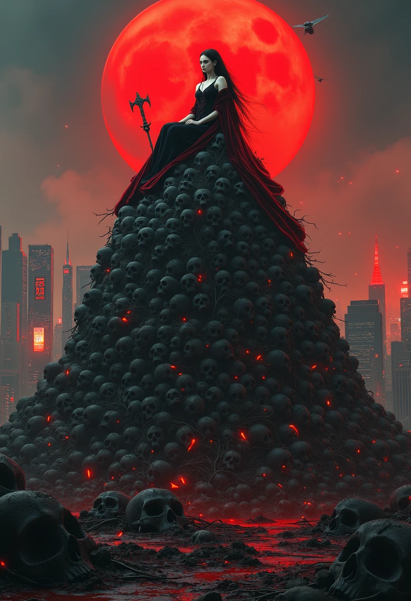 A stunning, pale-skinned vampire woman sits regally atop a towering pile of blood-soaked skulls, her elegant black and crimson gown flowing like liquid shadow down the macabre mound. Her posture is calm yet commanding, hands resting on a ceremonial sword or twisted scepter. Her long black hair billows in the wind, partially veiling her sharp, sculpted face. Behind her stretches a ruined modern city, skyscrapers cracked and crumbling, distant fires casting an orange haze into the smoky sky. The remnants of a once-technological world lie broken — wires, billboards, and shattered drones buried beneath rubble. Lighting is dramatic: harsh side-light from a low red sun, rim-lighting her silhouette and adding gleam to the blood-streaked bones. Subtle embers drift through the air. Shot in ultra-high detail with a slightly low camera angle to emphasize her dominance and mythic presence. Mood: powerful, apocalyptic, seductive, terrifying. Style references: Dark Souls x Blade Runner x Castlevania.