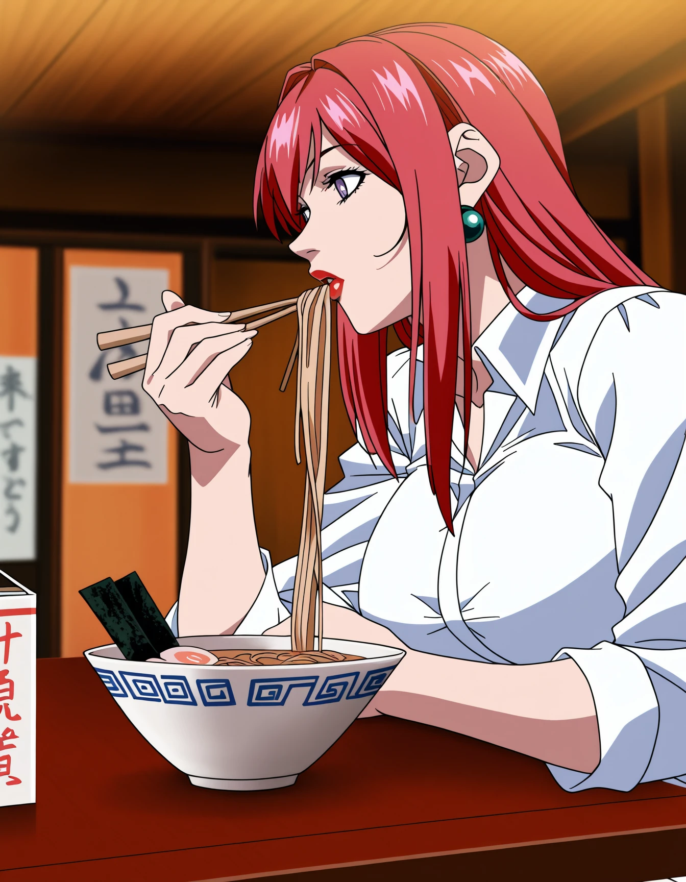 1girl, solo, <lora:thirokobb_ill_v1:1> thirokobb, red hair, long hair, purple eyes, red lips, green earring, large breasts, (no_jacket:1.3), white shirt, half sleeves,
eating ramen, holdimg chopsticks, table,
indoors, ramen shop,
general, masterpiece, anime coloring,
scenery, global illumination, depth of field,