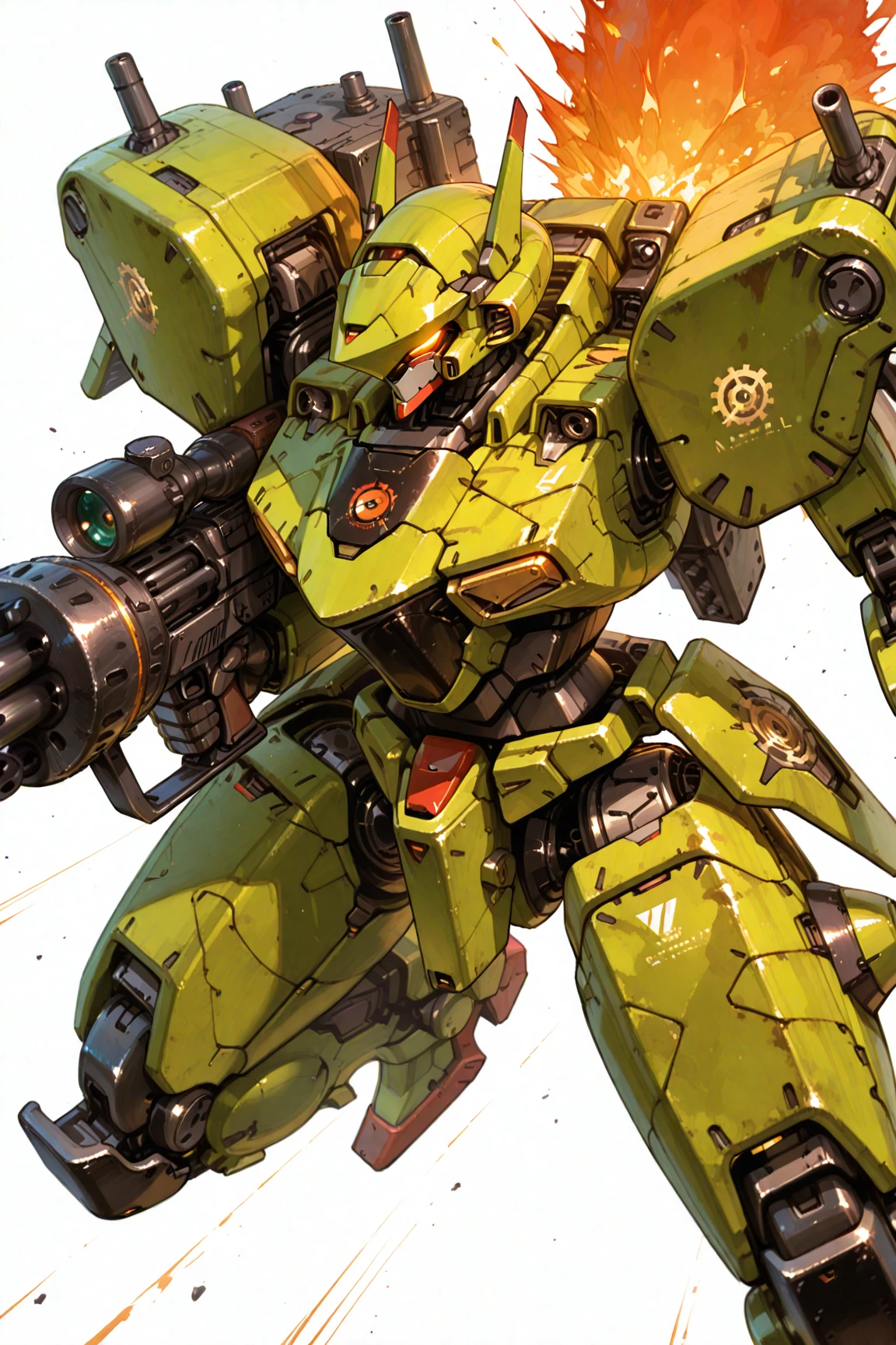 masterpiece, best quality, top quality, good quality, newest, highres, absurdres, very aesthetic,
BREAK
very awa, absolutely eye-catching, illustration, CG,
BREAK
perfect composition,
BREAK
A detailed illustration of a futuristic armored figure, possibly a robot or a mech, in a dynamic pose. The figure is predominantly green with orange and red accents, including a prominent circular emblem on the . It wields a large, cylindrical weapon with a yellow and black patterned sling attached to its side. The weapon emits a bright orange flame, suggesting it might be firing. The character's armor is intricately designed with various mechanical components, including gears, turrets, and armor plates. The background is minimalistic, with a few abstract shapes and lines, emphasizing the figure as the main subject. The style of the illustration leans towards a fusion of science fiction and fantasy, with bold lines and a sense of movement. solo, white_background, holding, weapon, holding_weapon, gun, no_humans, traditional_media, robot, mecha, science_fiction, marker_\(medium\), arm_cannon, firing, machine_gun, gatling_gun, missile_pod, close-up,