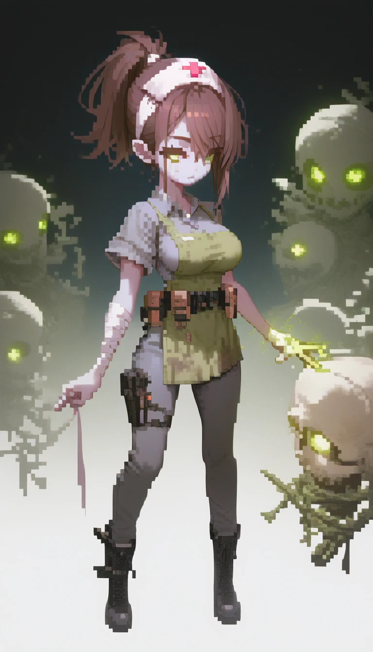 radsister, 1girl,
glowing green vein, undead girl, white skin, colored skin, pale skin,
messy high ponytail, long bangs, side-swept bangs, layered hair, loose strands, hair tucked under headband, brown hair, glowin green eyes
radioactive nurse, glowing green eyes, glowing veins, pale skin, brown hair, tied hair, white headband,
short-sleeved nurse uniform, gray shirt, button-up shirt,rolled-up sleeves,
dirty apron,green apron,
tight dark pants, tactical pants, grey pants,
black leather boots, heavy boots
bandaged arm, utility belt, eerie aesthetic
, full body, standing, detailed face, simple background, detailed, perfect, perfection, score_9, score_8_up, score_7_up, score_6_up, score_5_up,