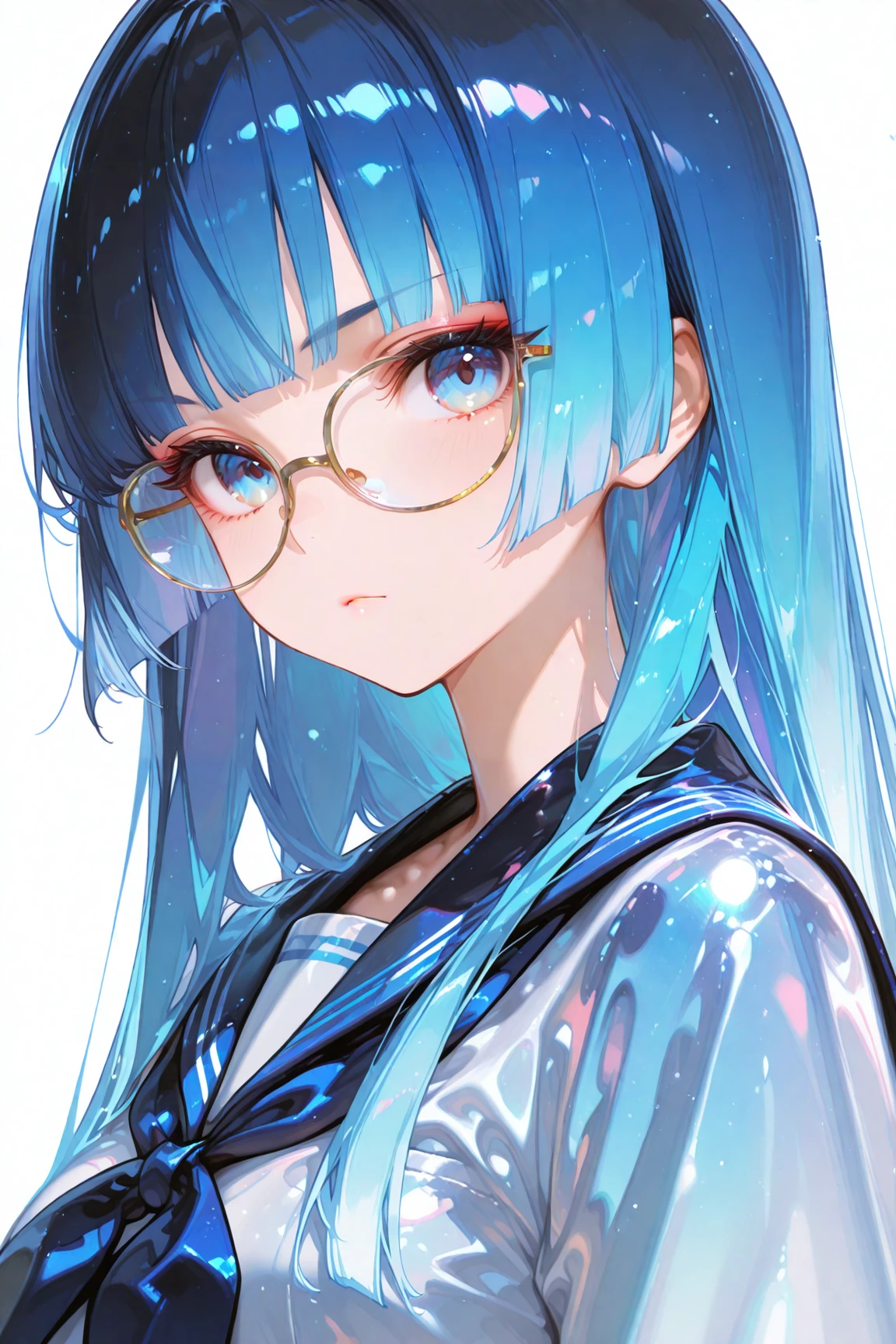 masterpiece, best quality, top quality, good quality, newest, highres, absurdres, 
BREAK
very awa, absolutely eye-catching, illustration, CG, 
BREAK
perfect composition, eye reflection, eyelashes, shiny hair, (gradient eyes), gradient hair, color paletee, 
BREAK
1girl, looking at viewer, shiny hair, shiny clothes, blue hair, blue eyes, gradient eyes, hime cut, long hair, glasses, bang, white background, upper body, serafuku, serious, 
masterpiece, good quality, very aesthetic, absurdres, newest,