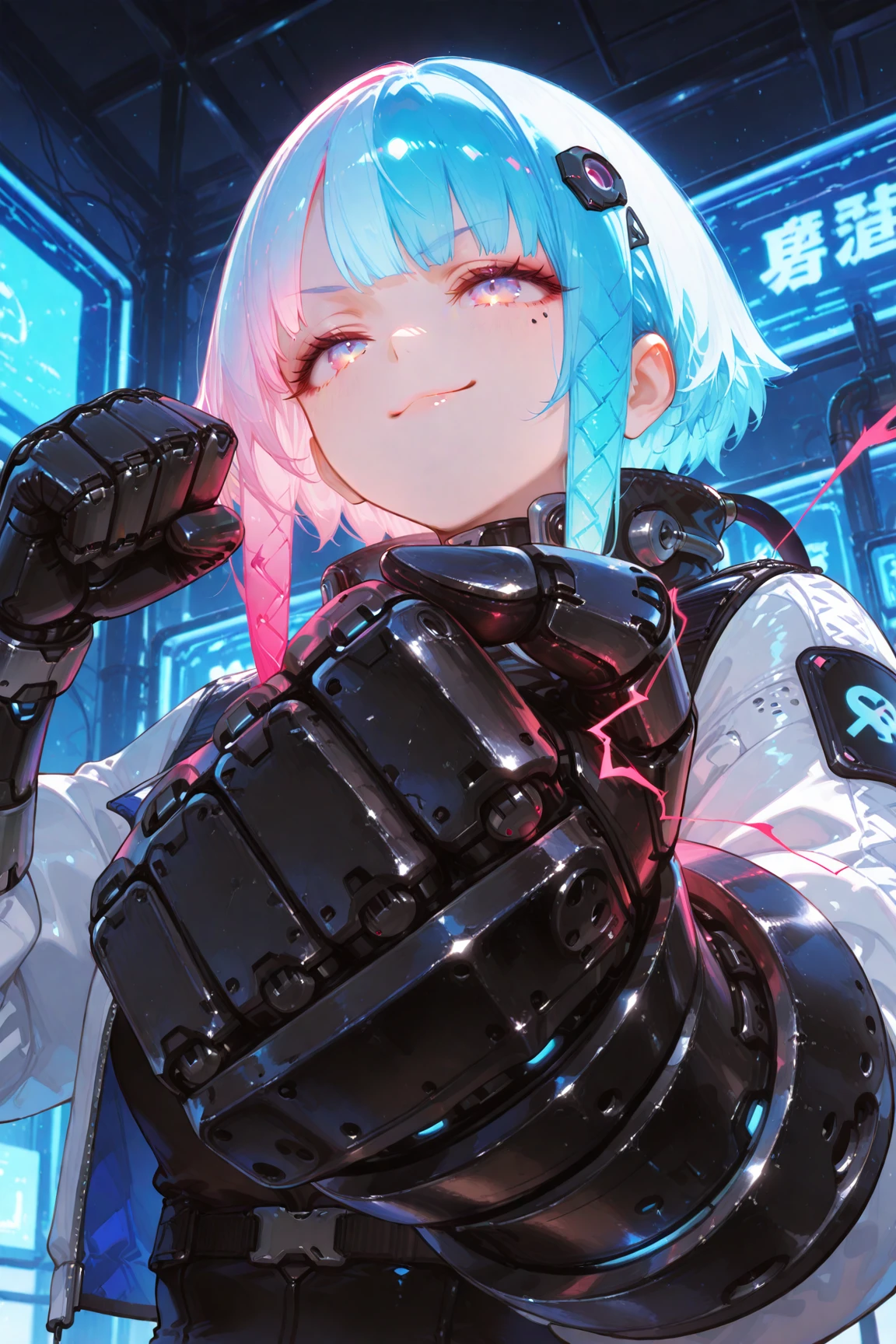 masterpiece, best quality, top quality, good quality, newest, highres, absurdres,
BREAK
very awa, absolutely eye-catching, illustration, CG,
BREAK
perfect composition, eye reflection, eyelashes, shiny hair, (gradient eyes),
BREAK
1girl, robotic arms, robot joints, (cable hairs:1.3), ((red electricity hair)), blue hair, jacket, neon light, glowing hair, split color hair, neon hair, gauntlet, power fist, smug, (upper body:1.2), cyberpunk, punching, clenched hand, foreshortening, from below,
masterpiece, good quality, very aesthetic, absurdres, newest,