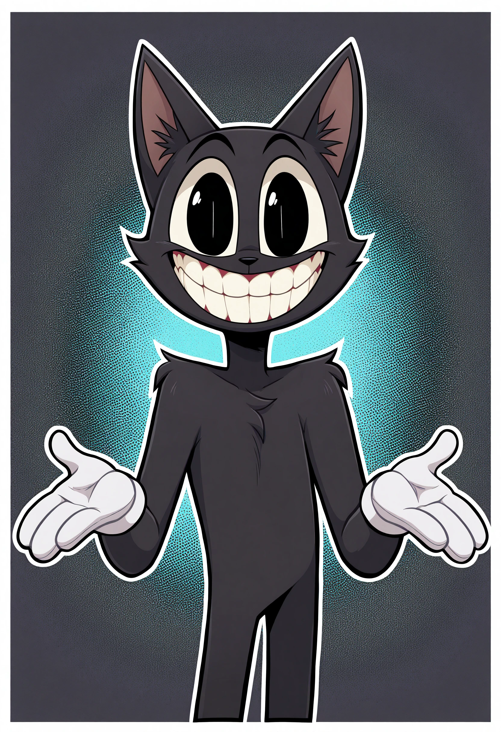 <lora:cartoonCat_Illustrious_Mlaofmd-10:1.0> masterpiece, best quality, newest, absurdres, highres, perfect anatomy, 1boy, cartoon c4t, black fur, cat ears, black eyes, teeth, smile, grin, gloves, looking at viewer, shrugging, halftone effect, white borders, abstract background:1.2,