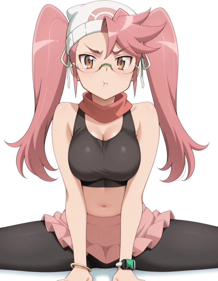 masterpiece, best quality, amazing quality,, <lora:saya-takagi-s1-illustriousxl-lora-nochekaiser:1>, saya takagi, takagi saya, long hair, ribbon, twintails, brown eyes, hair ribbon, pink hair, glasses, mature female, breasts, anime screencap, <lora:dawn-pokemon-cosplay-illustriousxl-lora-nochekaiser:1>, dawn pokemon cosplay, dawn (pokemon) (cosplay), bare shoulders, beanie, black shirt, black socks, bracelet, hat, jewelry, kneehighs, miniskirt, pink skirt, red scarf, scarf, shirt, skirt, sleeveless, sleeveless shirt, white headwear,, <lora:side-sitting-split-illustriousxl-lora-nochekaiser:1>, side sitting split, sitting split, split, flexible, stretching, on floor, spread legs, yoga pants, sports bra, looking at viewer, navel, pout, open mouth, <lora:transparent-background-illustriousxl-lora-nochekaiser:1>, transparent background, simple background, white background, ,