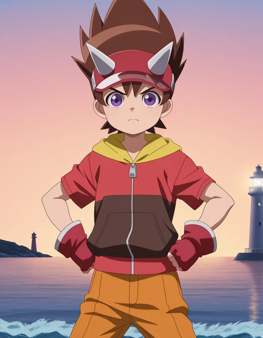 masterpiece, best quality, amazing quality,, <lora:max-taylor-anime-illustriousxl-lora-nochekaiser:1>, max taylor, brown hair, male focus, spiked hair, purple eyes, anime screencap, shirt, gloves, hat, pants, fingerless gloves, red headwear, red gloves, horns, hood, hoodie,, <lora:kung-fu-illustriousxl-lora-nochekaiser:1>, kung fu, martial arts, training, fighting stance, cowboy shot, hands on own hips, lighthouse, light, sea, tall, guidance, cowboy shot, solo, looking at viewer,