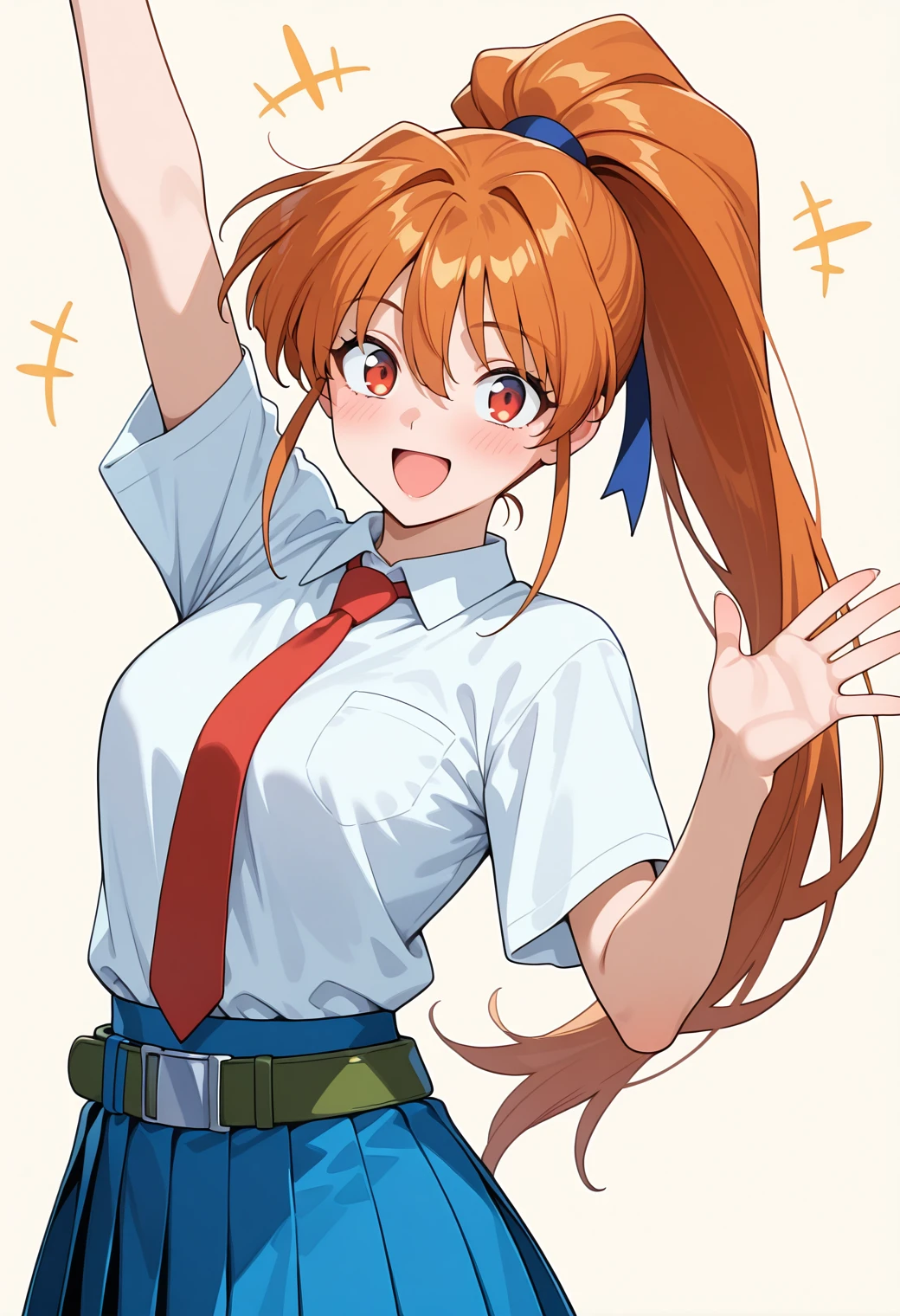 masterpiece, best quality, amazing quality, 1girl, solo,
<lora:inoue_ritsuko_v01:0.9>, inoue_ritsuko, ritsuko_normal, orange hair, long hair, high ponytail, red eyes,
blue hair ribbon, school uniform, collared shirt, short sleeves, red necktie, belt, blue miniskirt, plated skirt, posing, upper body, waving arms, open mouth