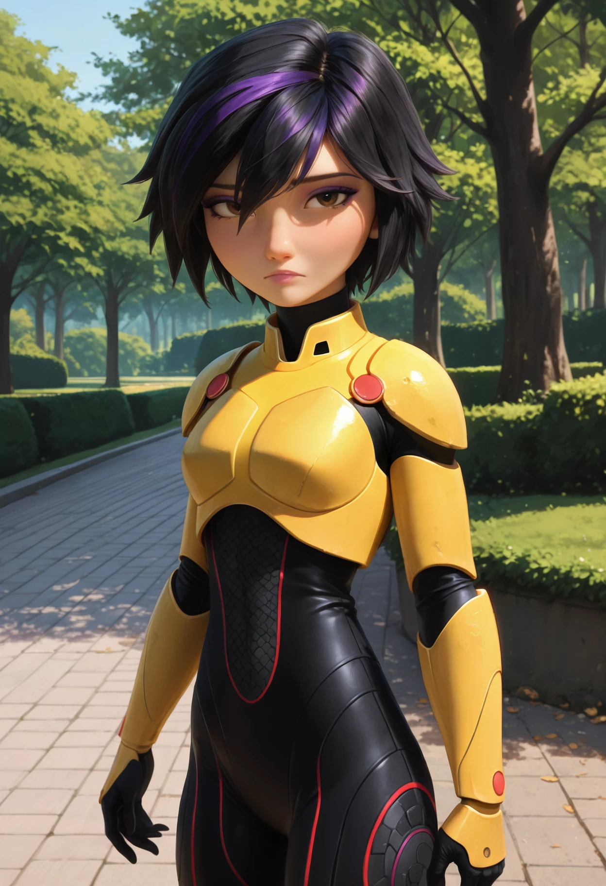masterpiece,
1girl, solo,
outdoors, park, standing, looking at viewer,
gogotomago, gogotomago-hero,
black hair, short hair, multicolored hair, two-tone hair, streaked hair, purple hair, brown eyes, makeup, purple eyeshadow,
bodysuit, black bodysuit, yellow armor, armor,