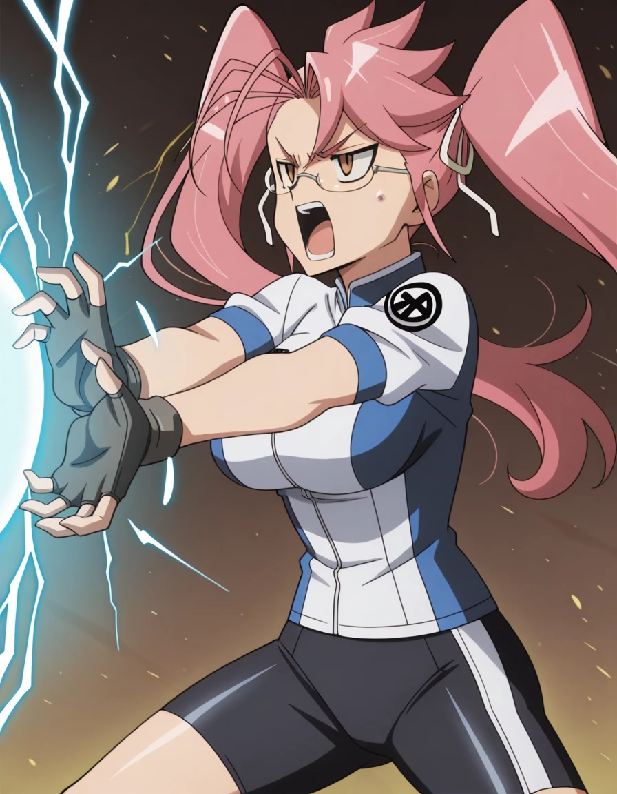 masterpiece, best quality, amazing quality,, <lora:saya-takagi-s1-illustriousxl-lora-nochekaiser:1>, saya takagi, takagi saya, long hair, ribbon, twintails, brown eyes, hair ribbon, pink hair, glasses, mature female, breasts, anime screencap, <lora:cycling-uniform-illustriousxl-lora-nochekaiser:1>, cycling uniform, bike jersey, bike shorts, biker clothes, fingerless gloves, gloves, short sleeves,, <lora:kamehameha-illustriousxl-lora-nochekaiser:1>, kamehameha, kamehameha (dragon ball), open mouth, outstrecthed arms, torn clothes, shouting, energy, energy beam, energy ball, from side, electricity,, jitome, open mouth, , ,