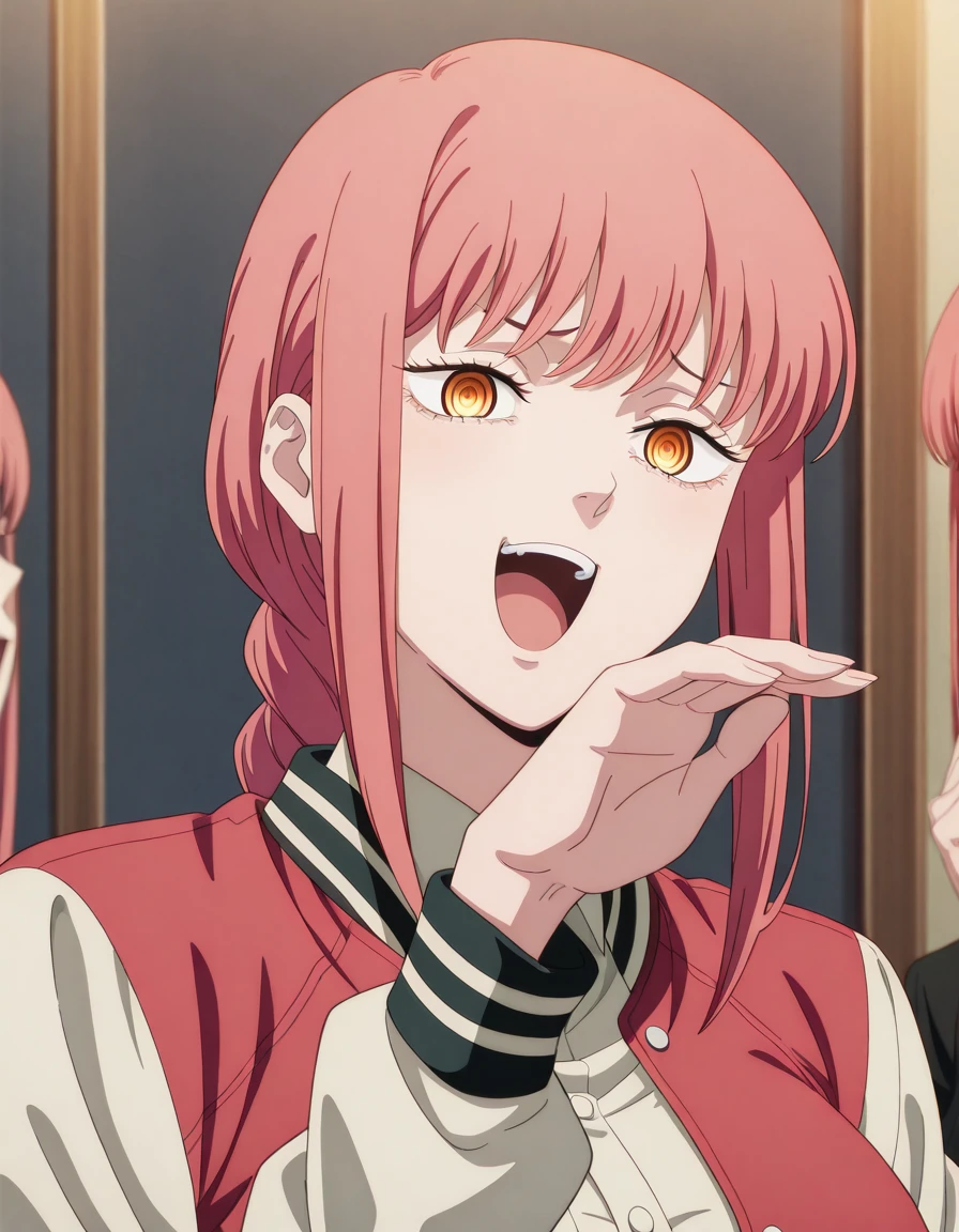 masterpiece, best quality, amazing quality,, <lora:chainsawman-makima-s1-illustriousxl-lora-nochekaiser:1>, makima, makima (chainsaw man), long hair, bangs, yellow eyes, braid, red hair, braided ponytail, ringed eyes, mature female, medium breasts, anime screencap, <lora:letterman-jacket-illustriousxl-lora-nochekaiser:1>, letterman jacket, jacket,, <lora:ojou-sama-pose-illustriousxl-lora-nochekaiser:1>, ojou-sama pose, laughing, smug, hand to own mouth, open mouth, upper body, angry,shouting,furrowed_brow, , , ,