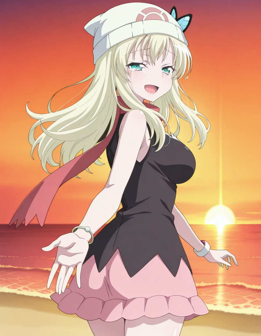 masterpiece, best quality, amazing quality,, <lora:sena-kashiwazaki-s2-illustriousxl-lora-nochekaiser:1>, sena kashiwazaki, long hair, blonde hair, hair ornament, aqua eyes, butterfly hair ornament, mature female, breasts, anime screencap, <lora:dawn-pokemon-cosplay-illustriousxl-lora-nochekaiser:1>, dawn pokemon cosplay, dawn (pokemon) (cosplay), bare shoulders, beanie, black shirt, black socks, bracelet, hat, jewelry, kneehighs, miniskirt, pink skirt, red scarf, scarf, shirt, skirt, sleeveless, sleeveless shirt, white headwear,, <lora:looking-back-reaching-towards-viewer-illustriousxl-lora-nochekaiser:1>, looking back reaching towards viewer, looking at viewer, smile, looking back, open mouth, reaching towards viewer, beach, half-closed eyes, cowboy shot, sunset, crying_with_eyes_open, , , ,