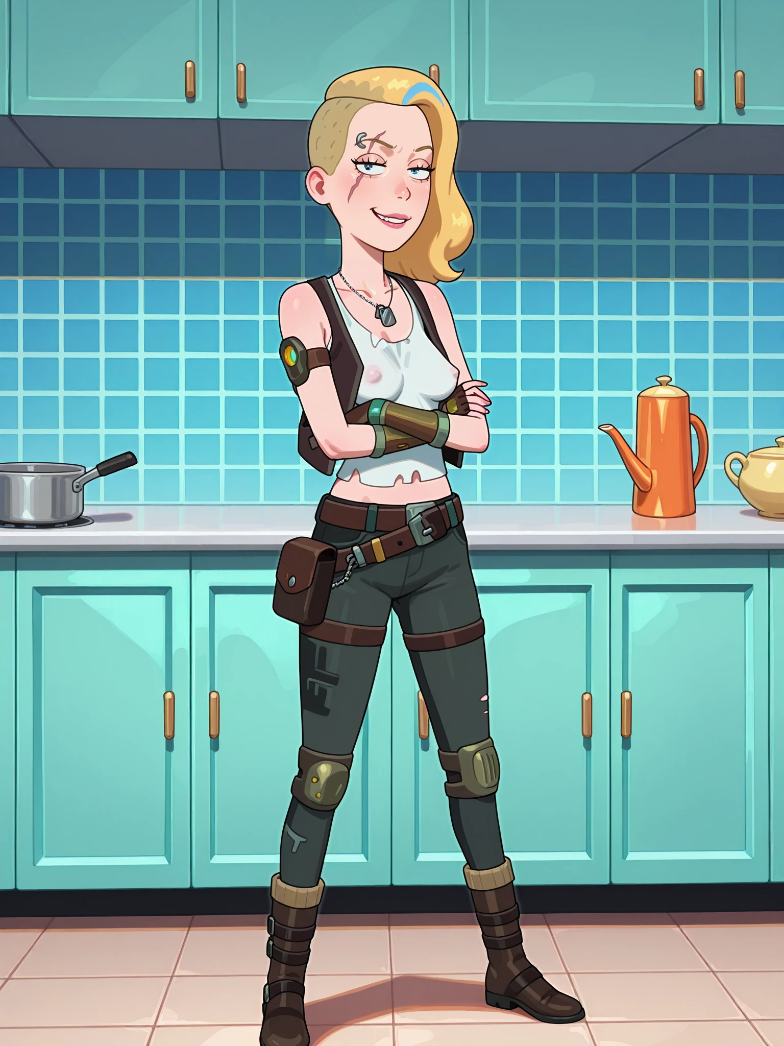 kitchen, full body, girl standing, crossed arms, looking at viewer, smirk, breasts, covered nipples,
best quality, highres, <lora:Sabu_Art_Style_IL:0.7> sabudenego,
<lora:Space_Beth_-_Rick_and_Morty_IL:1> rnmspacebeth, 1girl, solo, scar, eyebrow piercing, blonde hair, shaved head, tank top, vest, sleeveless, torn shirt, midriff, pants, boots, armband, bracers, fingerless gloves, belt, dog tags, knee pads,