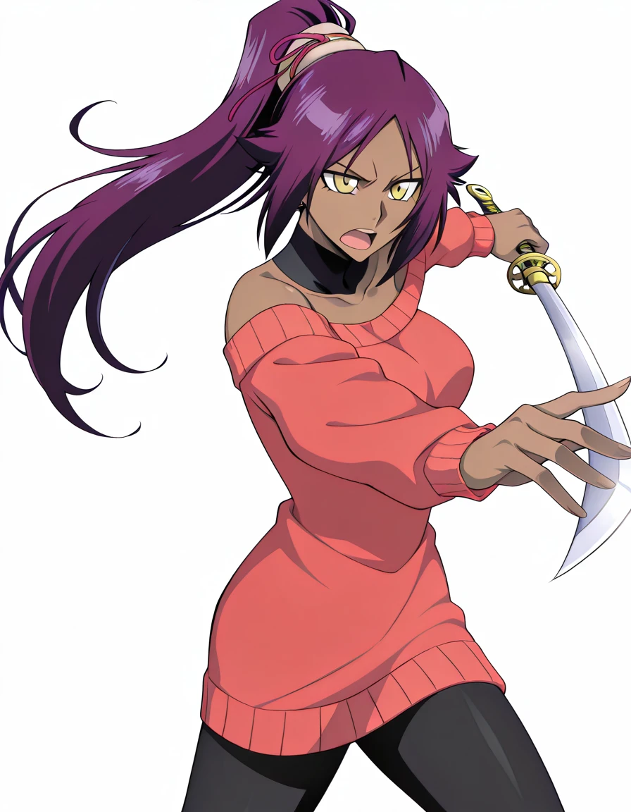 masterpiece, best quality, amazing quality,, <lora:yoruichi-shihouin-anime-illustriousxl-lora-nochekaiser:1>, yoruichi shihouin, shihouin yoruichi, long hair, yellow eyes, ponytail, purple hair, dark skin, dark-skinned female, mature female, medium breasts, anime screencap, <lora:yor-briar-cosplay-illustriousxl-lora-nochekaiser:1>, yor briar cosplay, yor briar (cosplay), bare shoulders, collarbone, dress, long sleeves, off shoulder, off-shoulder dress, off-shoulder sweater, pantyhose, red sweater, sweater, sweater dress, thighs,, <lora:gatotsu-stance-illustriousxl-lora-nochekaiser:1>, gatotsu stance, weapon, sword, katana, holding weapon, holding, holding sword, foreshortening,, wavy_mouth, open mouth, <lora:transparent-background-illustriousxl-lora-nochekaiser:1>, transparent background, simple background, white background, ,