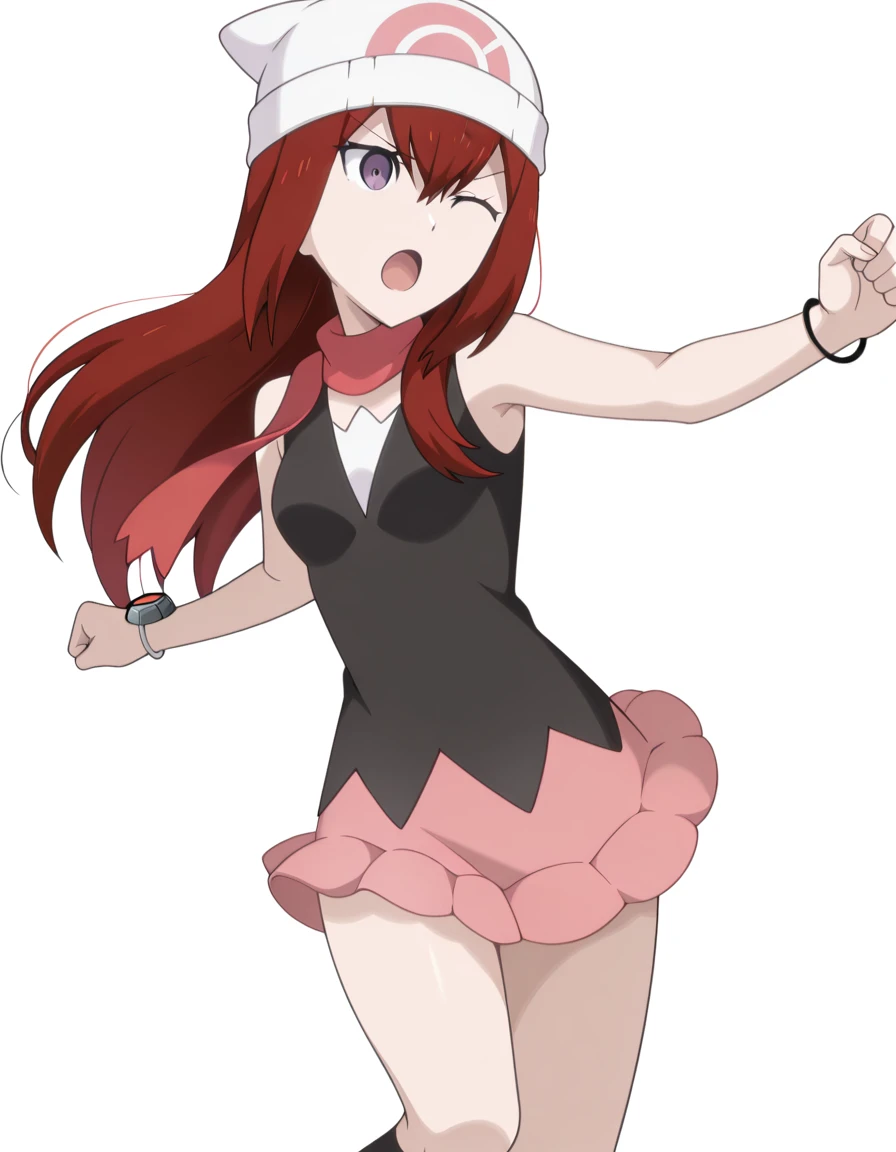 masterpiece, best quality, amazing quality,, <lora:kurisu-makise-s1-illustriousxl-lora-nochekaiser:1>, kurisu makise, hair between eyes, hair over shoulder, long hair, purple eyes, red hair, straight hair, mature female, small breasts, anime screencap, <lora:dawn-pokemon-cosplay-illustriousxl-lora-nochekaiser:1>, dawn pokemon cosplay, dawn (pokemon) (cosplay), bare shoulders, beanie, black shirt, black socks, bracelet, hat, jewelry, kneehighs, miniskirt, pink skirt, red scarf, scarf, shirt, skirt, sleeveless, sleeveless shirt, white headwear,, <lora:dynamic-pose-illustriousxl-lora-nochekaiser:1>, dynamic pose, kicking, cowboy shot, one_eye_closed, open mouth, <lora:transparent-background-illustriousxl-lora-nochekaiser:1>, transparent background, simple background, white background, ,