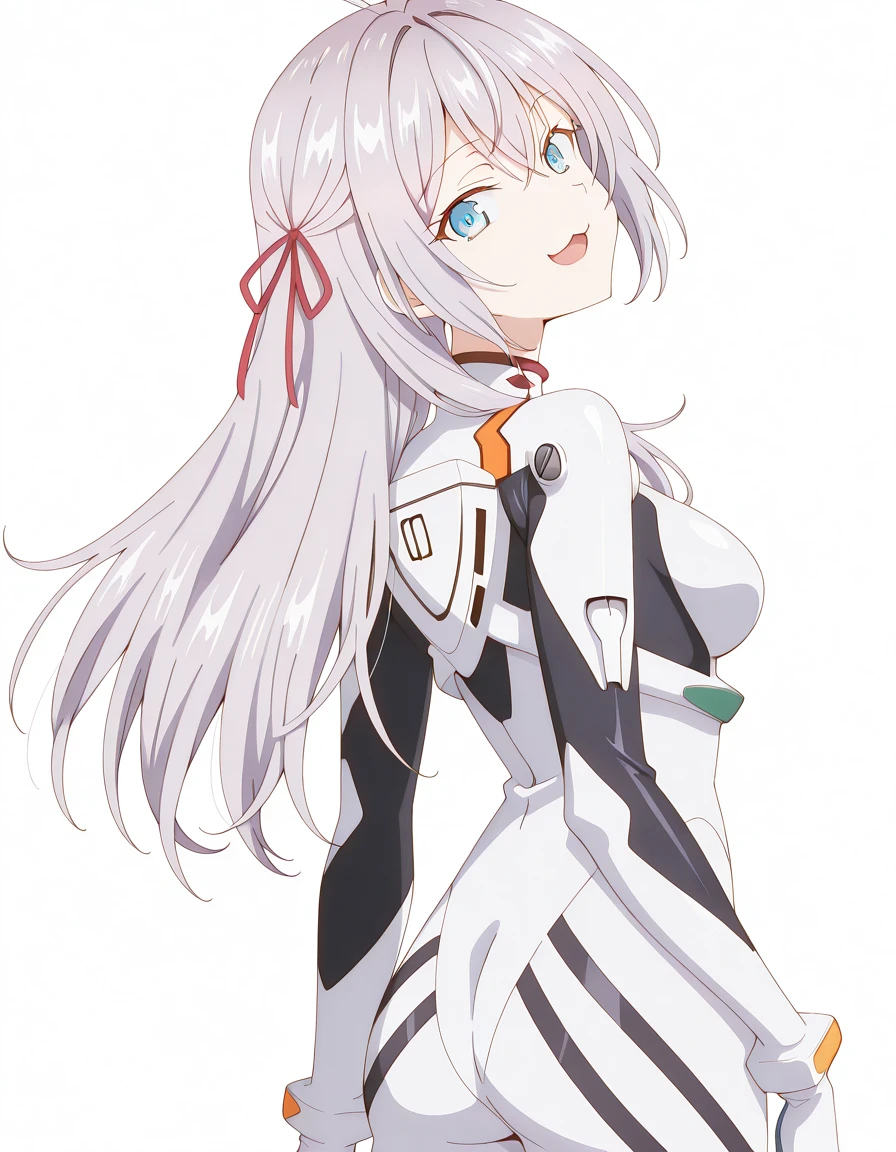 masterpiece, best quality, amazing quality,, <lora:alisa-mikhailovna-kujou-s1-illustriousxl-lora-nochekaiser:1>, alisa mikhailovna kujou, long hair, bangs, blue eyes, hair ribbon, ahoge, grey hair, red ribbon, mature female, breasts, anime screencap, <lora:rei-ayanami-cosplay-illustriousxl-lora-nochekaiser:1>, rei ayanami cosplay, ayanami rei (cosplay), bodysuit, headgear, plugsuit, white bodysuit,, <lora:shaft-look-illustriousxl-lora-nochekaiser:1>, shaft look, looking back, from behind, head tilt, cowboy shot, smile,, :3, open mouth, <lora:transparent-background-illustriousxl-lora-nochekaiser:1>, transparent background, simple background, white background, ,