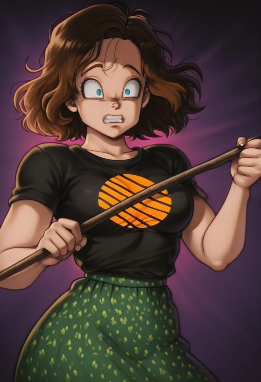 DBHarmonyxc,aquarela, Dramatic action pose,,Dramatic shadows , highly saturated colors , strong contrast, Vibrant pink color, bold thick outlines, dynamic texture, detailed,,NathMine, 1girl, breast, short hair, wavy hair, brown hair, blue eyes, black t-shirt , sun t-shirt, sun symbol on t-shirt,long skirt, floral skirt, green skirt, upper body, masterpiece, detailed art style, holding stick, outdoor, green coloring, battle pose, scared expression