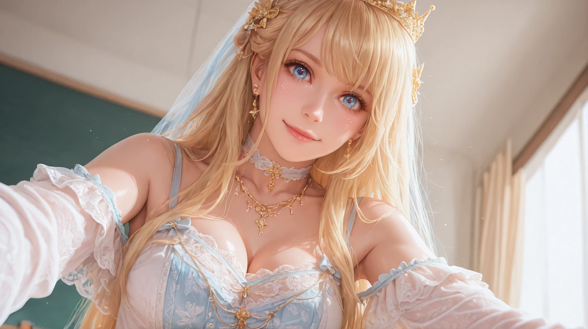 lying on bed, aroused, necklace, earrings, full body, long blonde hair, blue dress, superb, ultra-high-definition, RAW photo, realism: 1.25), (bright lip gloss, long eyelashes, smooth face, bright skin, natural shadows, wide light, wide light, depth of field, strong colors, subtle caustics: 0.8), (big tits), v6